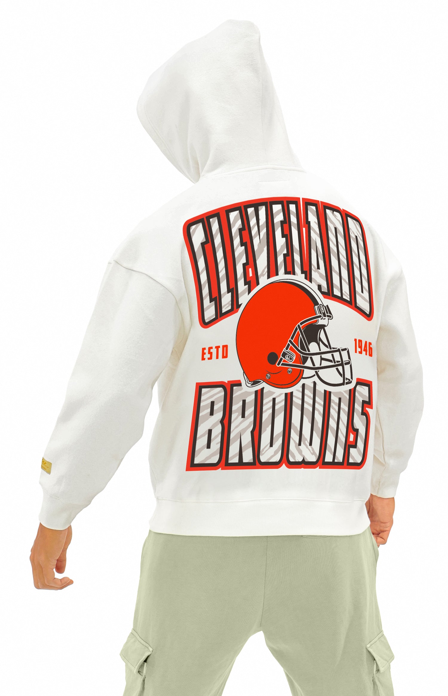 Zubaz NFL  UNISEX 90s Helmet Drop Shoulder Hoodies-Off White, CLEVELAND BROWNS