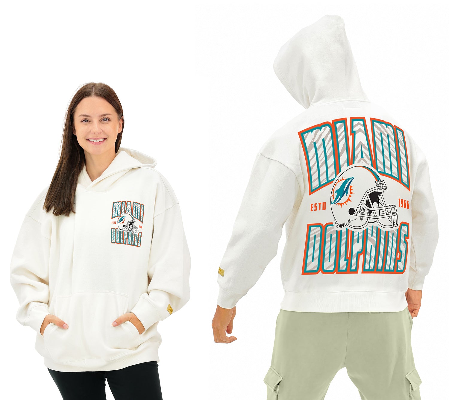 Zubaz NFL  UNISEX 90s Helmet Drop Shoulder Hoodies-Off White, MIAMI DOLPHINS