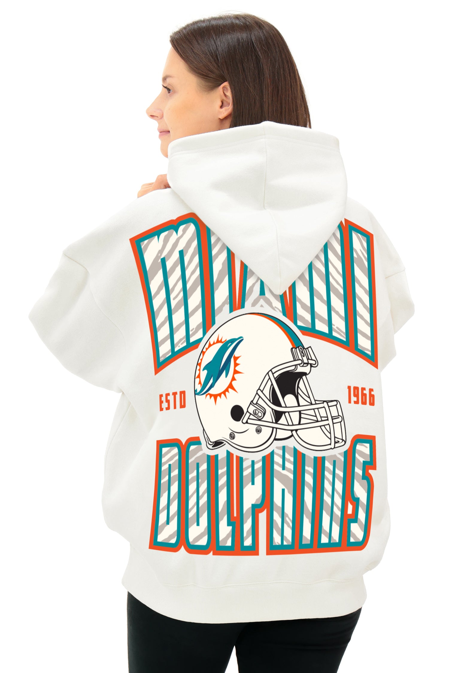 Zubaz NFL  UNISEX 90s Helmet Drop Shoulder Hoodies-Off White, MIAMI DOLPHINS