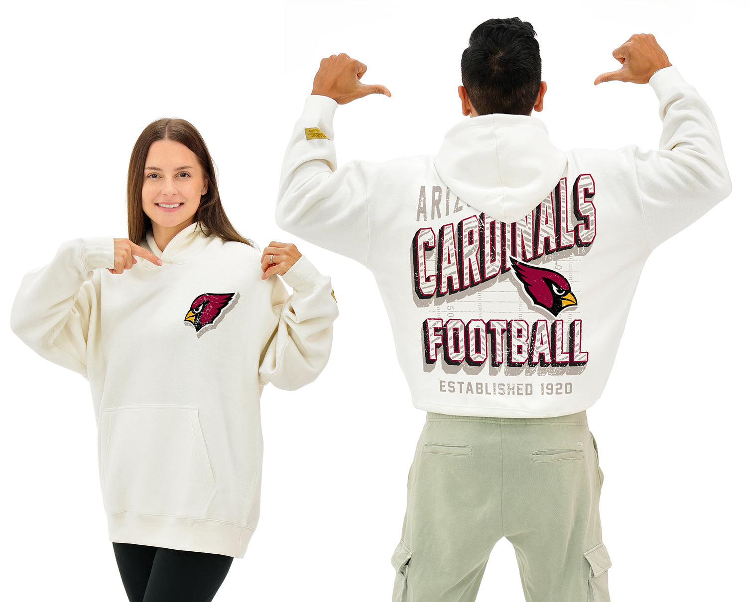 Zubaz NFL  UNISEX 90s Vintage Shadow Drop Shoulder Hoodie- Off White, ARIZONA CARDINALS
