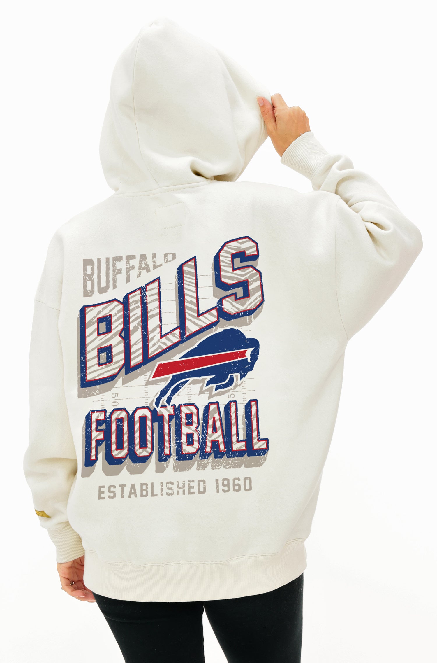 Zubaz NFL  UNISEX 90s Vintage Shadow Drop Shoulder Hoodie- Off White, BUFFALO BILLS