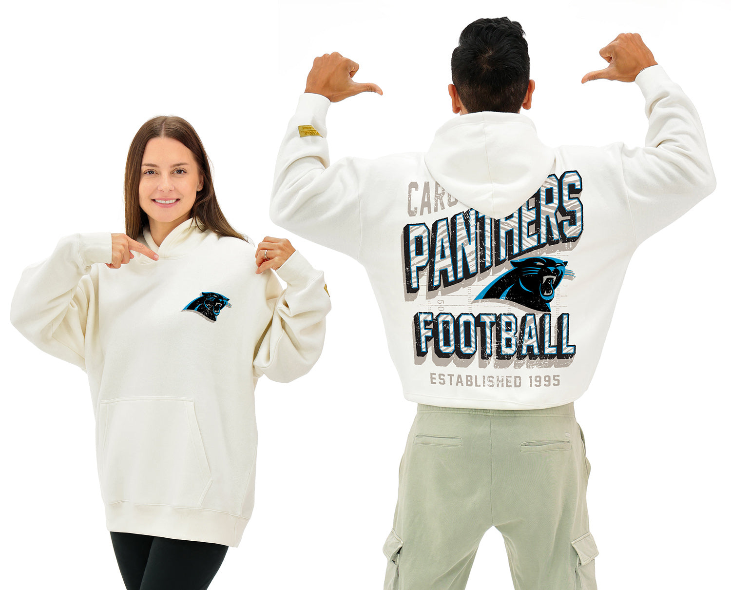 Zubaz NFL  UNISEX 90s Vintage Shadow Drop Shoulder Hoodie- Off White, CAROLINA PANTHERS