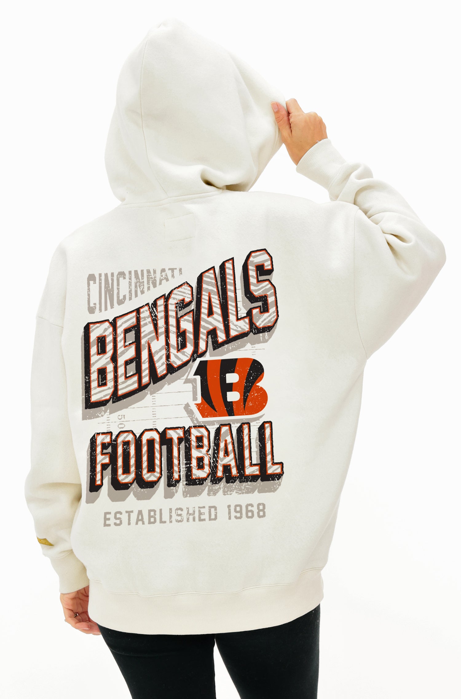 Zubaz NFL  UNISEX 90s Vintage Shadow Drop Shoulder Hoodie- Off White, CINCINNATI BENGALS
