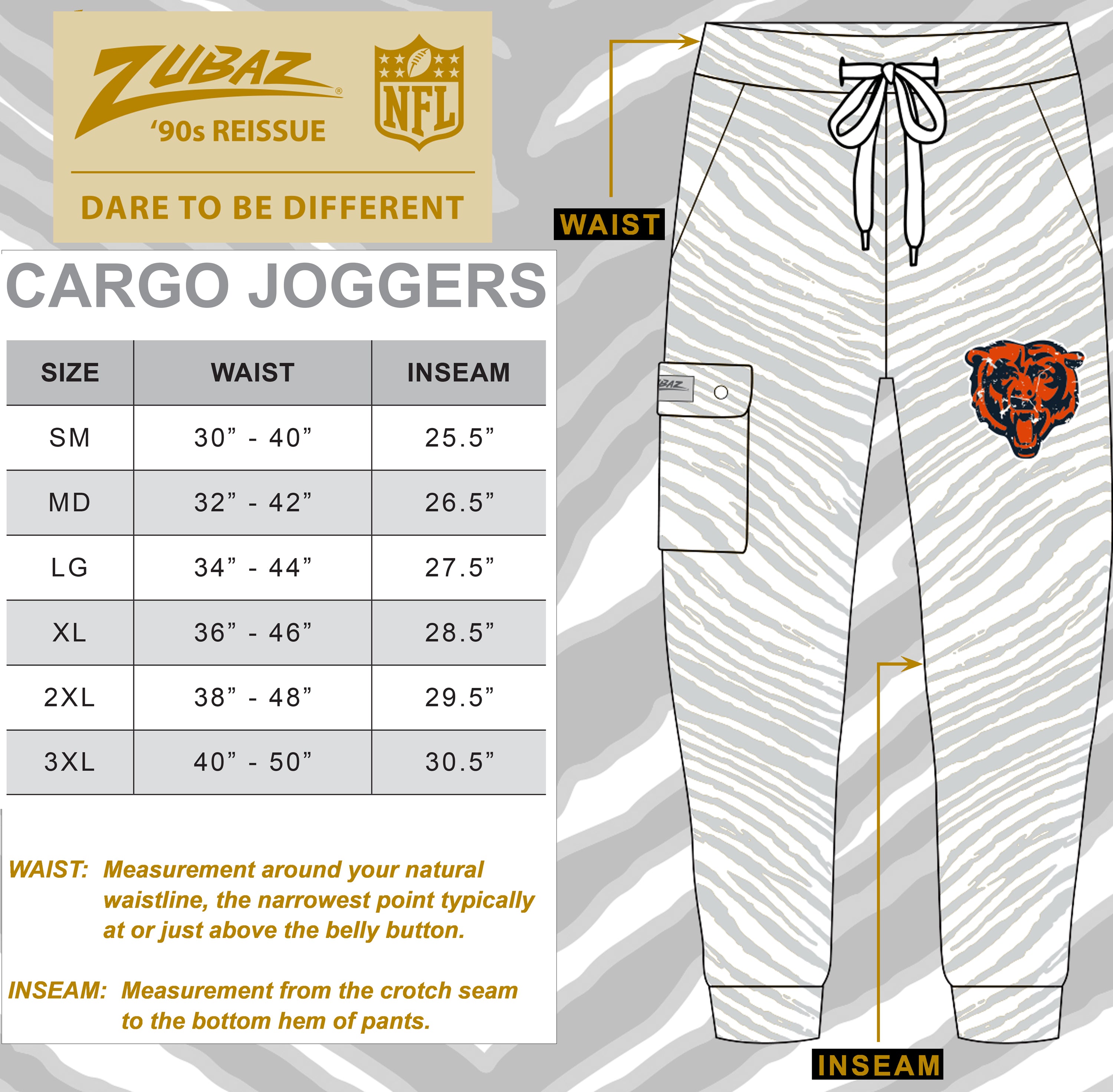 Zubaz NFL  UNISEX 90s Team Cargo Joggers - Zebra 2 Color, CHICAGO BEARS