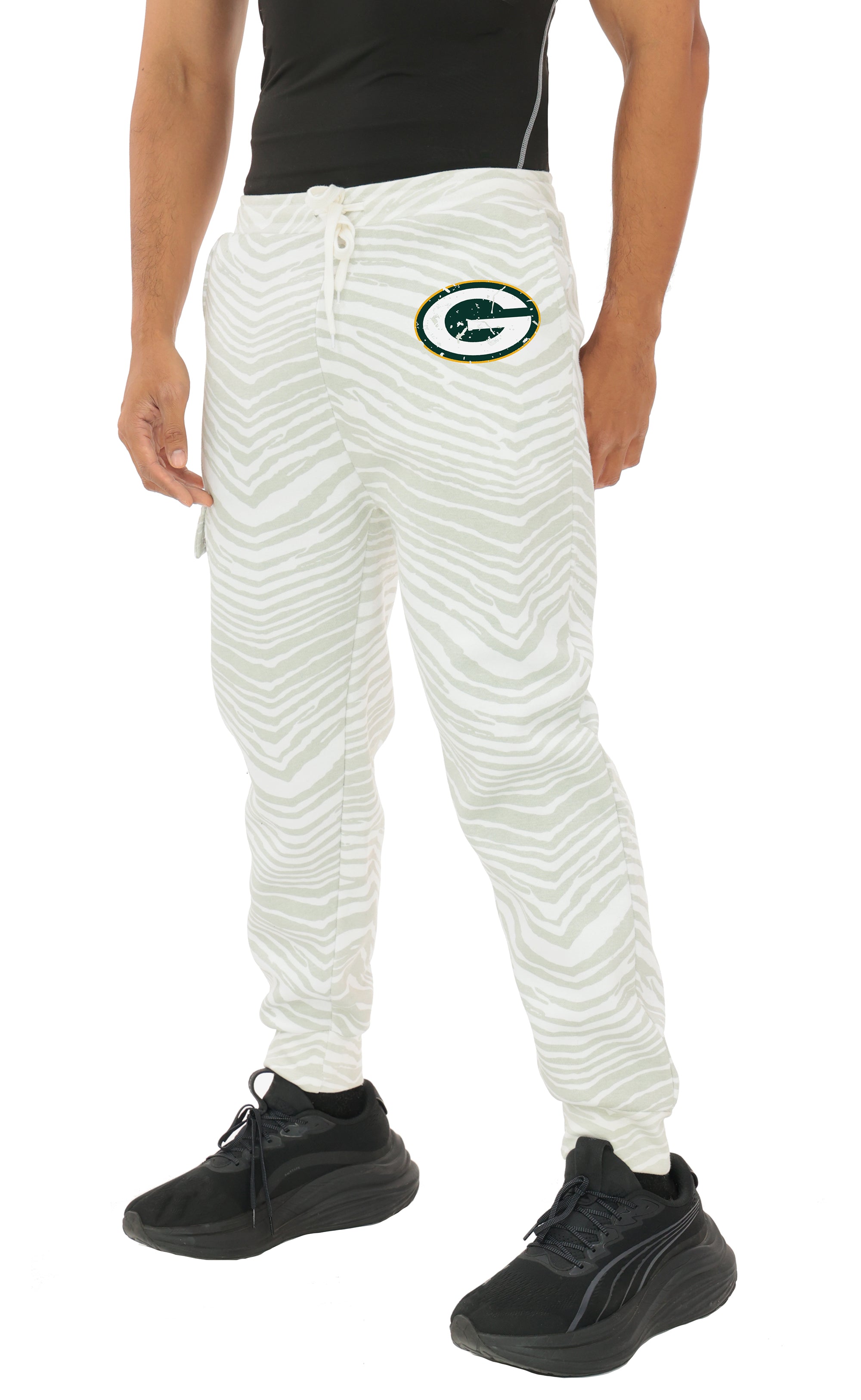 Zubaz NFL  UNISEX 90s Team Cargo Joggers - Zebra 2 Color, GREEN BAY PACKERS