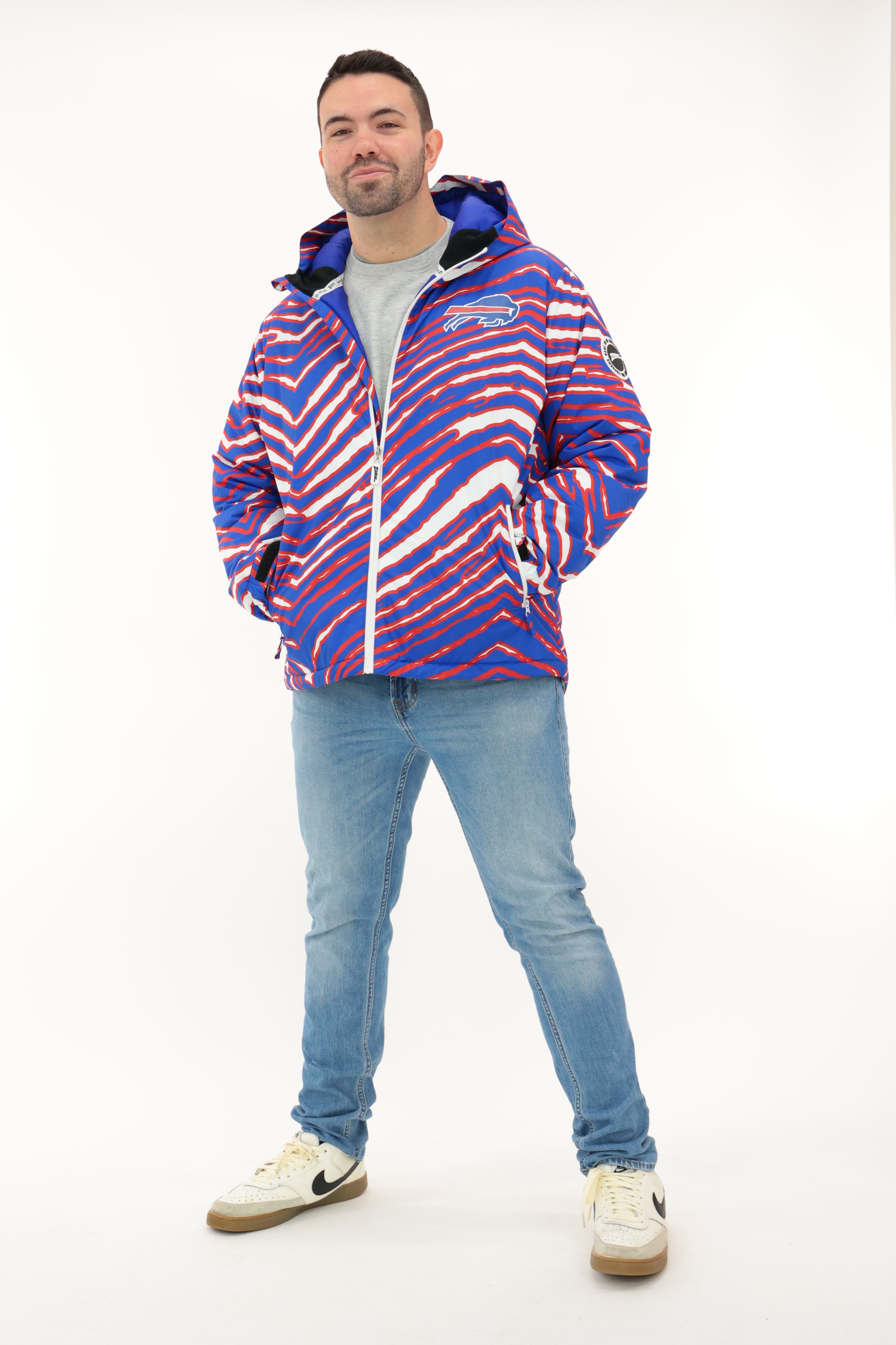 Zubaz NFL Adult Unisex Zebra Team Color Bleacher Blazer Snow Jacket, Buffalo Bills