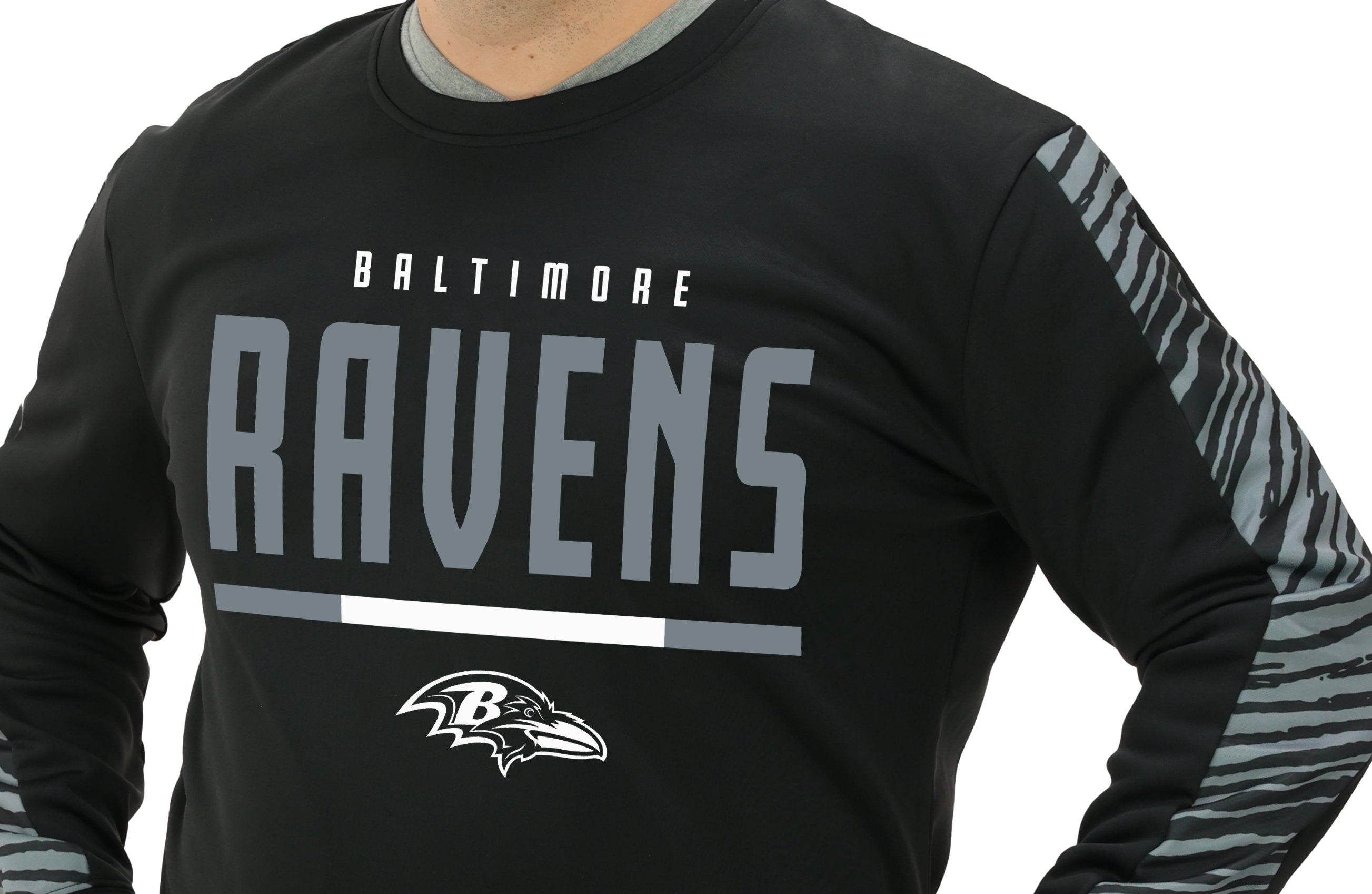 Zubaz NFL   Men's Linebacker 2 Color Zebra Long Sleeve Panel Crewneck Sweatshirt, BALTIMORE RAVENS