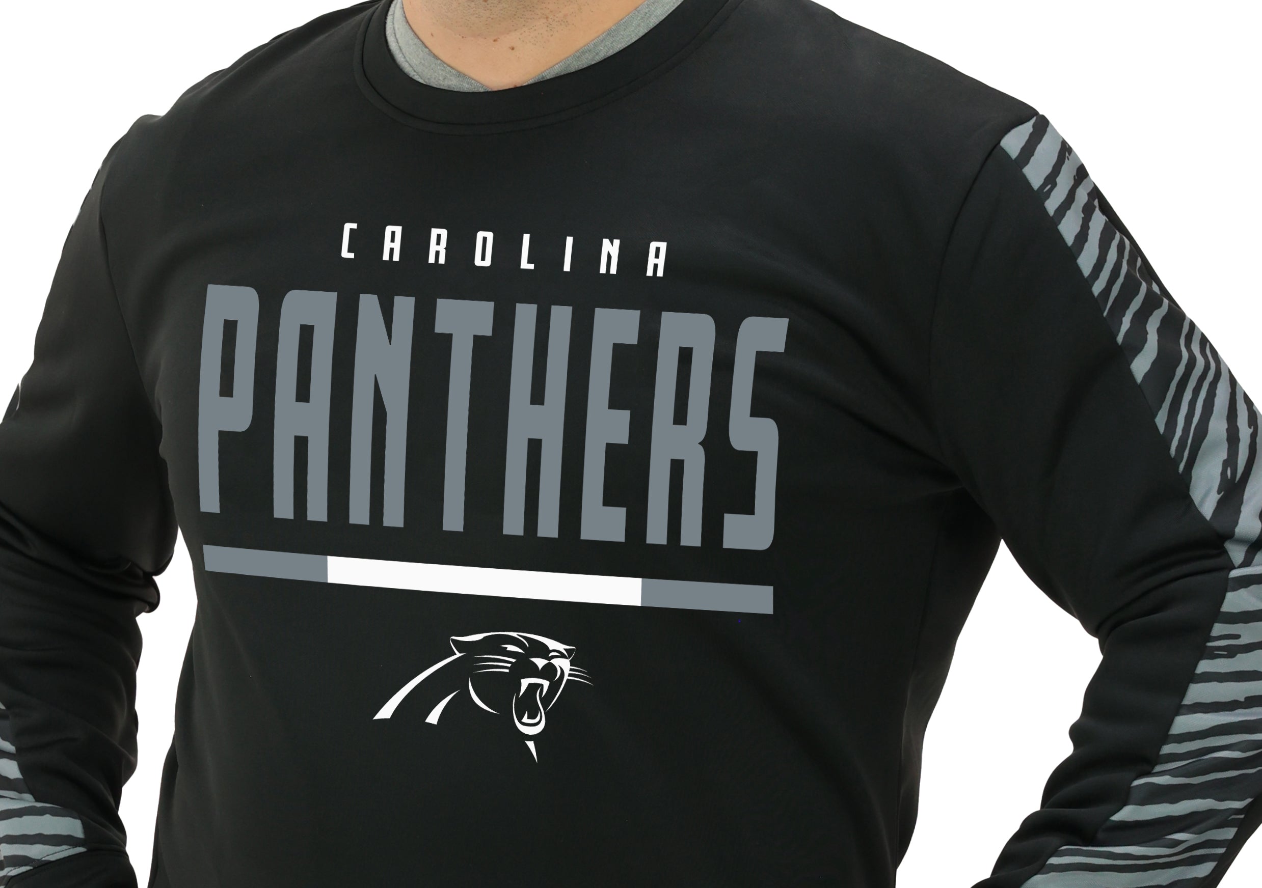 Zubaz NFL   Men's Linebacker 2 Color Zebra Long Sleeve Panel Crewneck Sweatshirt, CAROLINA PANTHERS