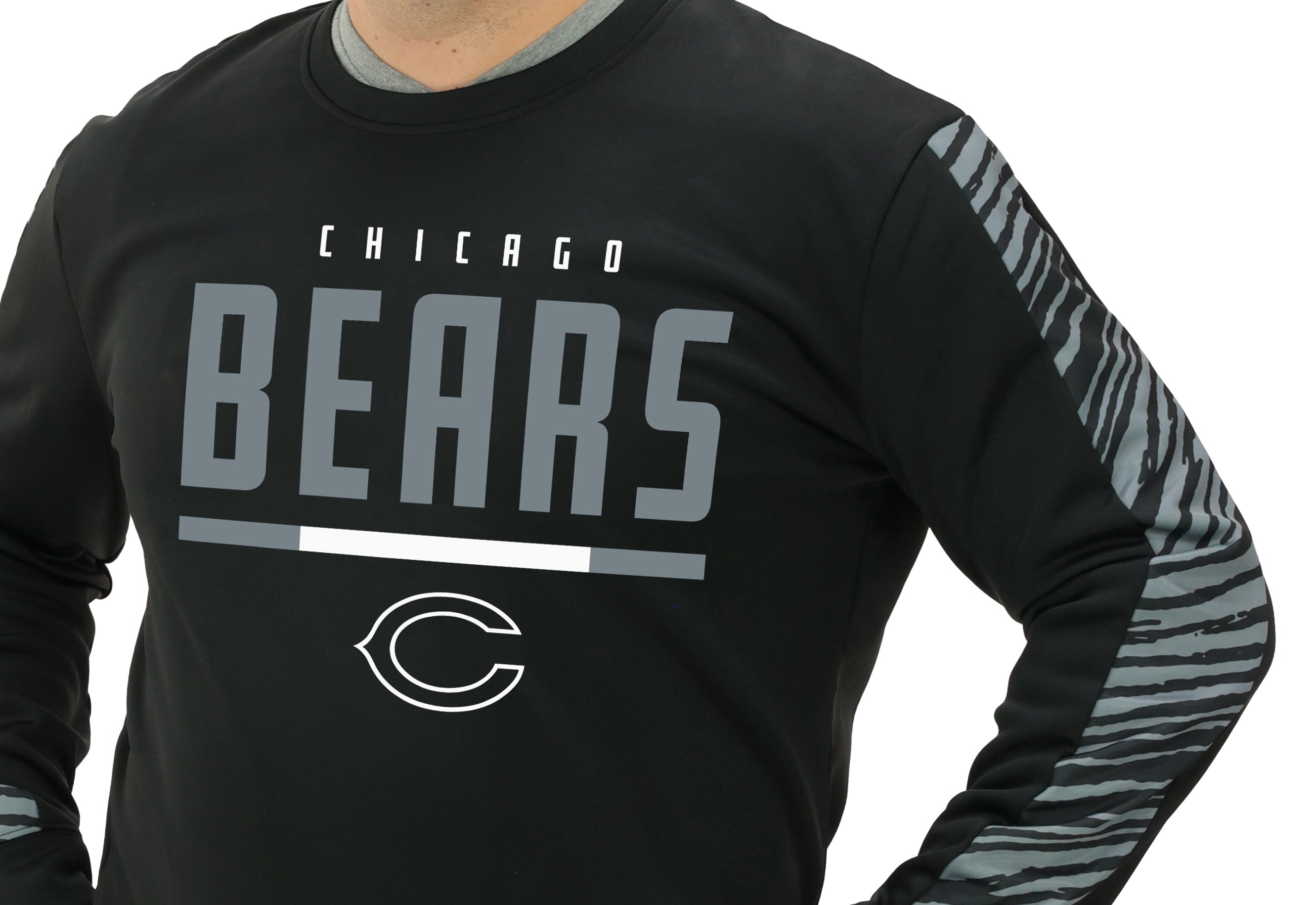 Zubaz NFL   Men's Linebacker 2 Color Zebra Long Sleeve Panel Crewneck Sweatshirt, CHICAGO BEARS