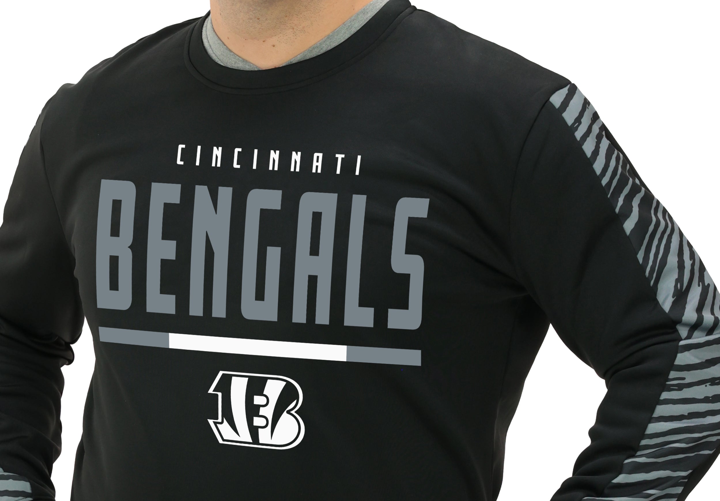 Zubaz NFL   Men's Linebacker 2 Color Zebra Long Sleeve Panel Crewneck Sweatshirt, CINCINNATI BENGALS