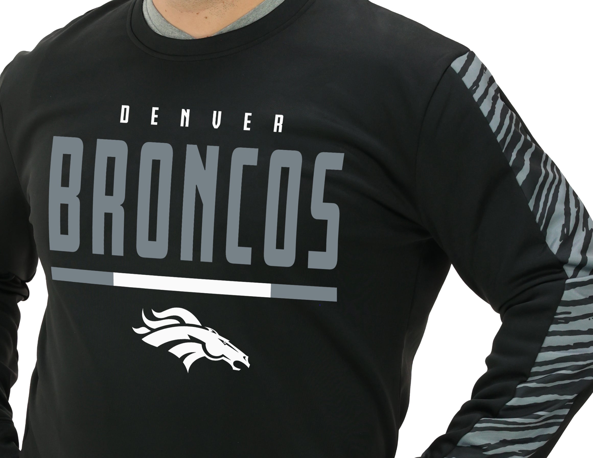 Zubaz NFL   Men's Linebacker 2 Color Zebra Long Sleeve Panel Crewneck Sweatshirt, DENVER BRONCOS