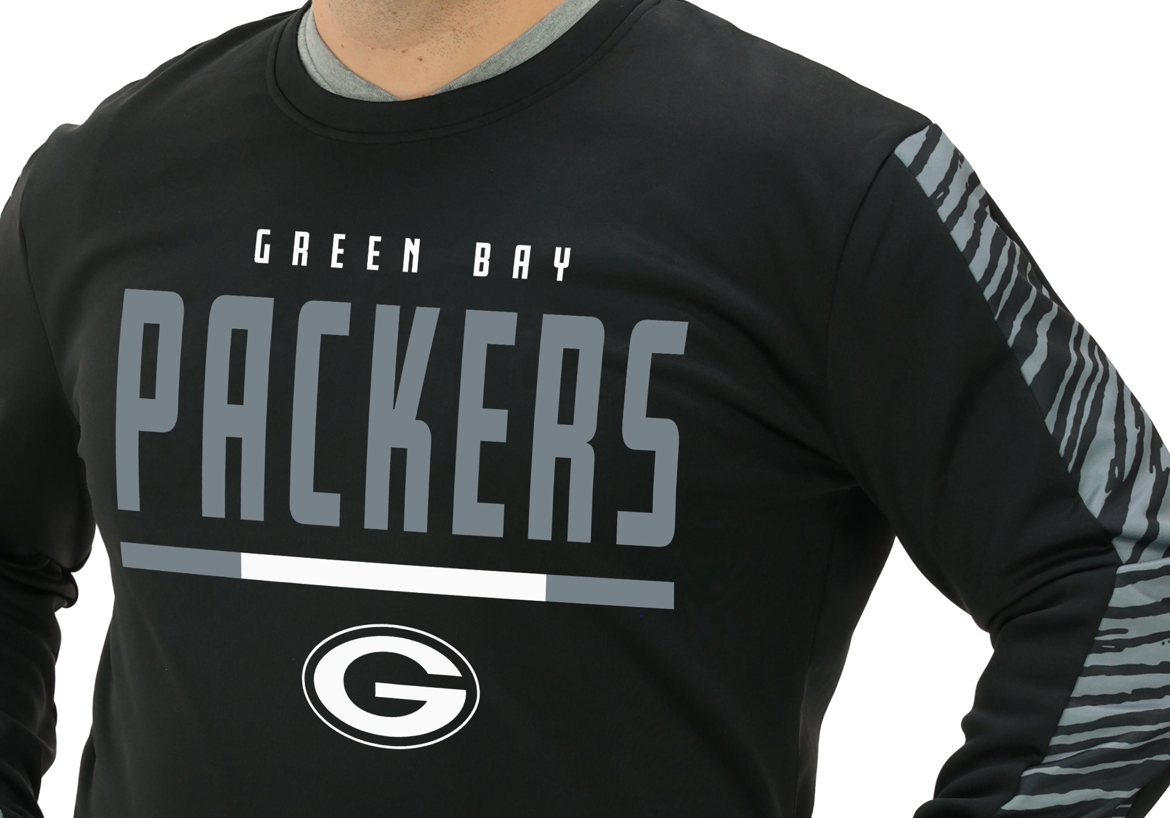 Zubaz NFL   Men's Linebacker 2 Color Zebra Long Sleeve Panel Crewneck Sweatshirt, GREEN BAY PACKERS