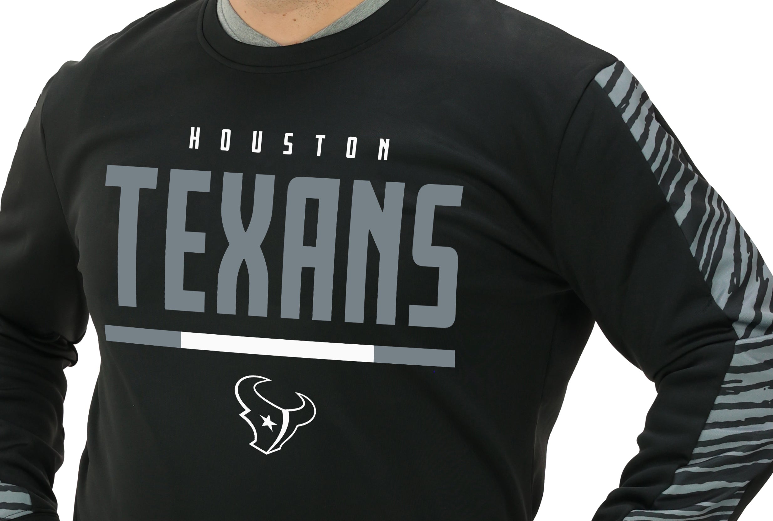 Zubaz NFL   Men's Linebacker 2 Color Zebra Long Sleeve Panel Crewneck Sweatshirt, HOUSTON TEXANS