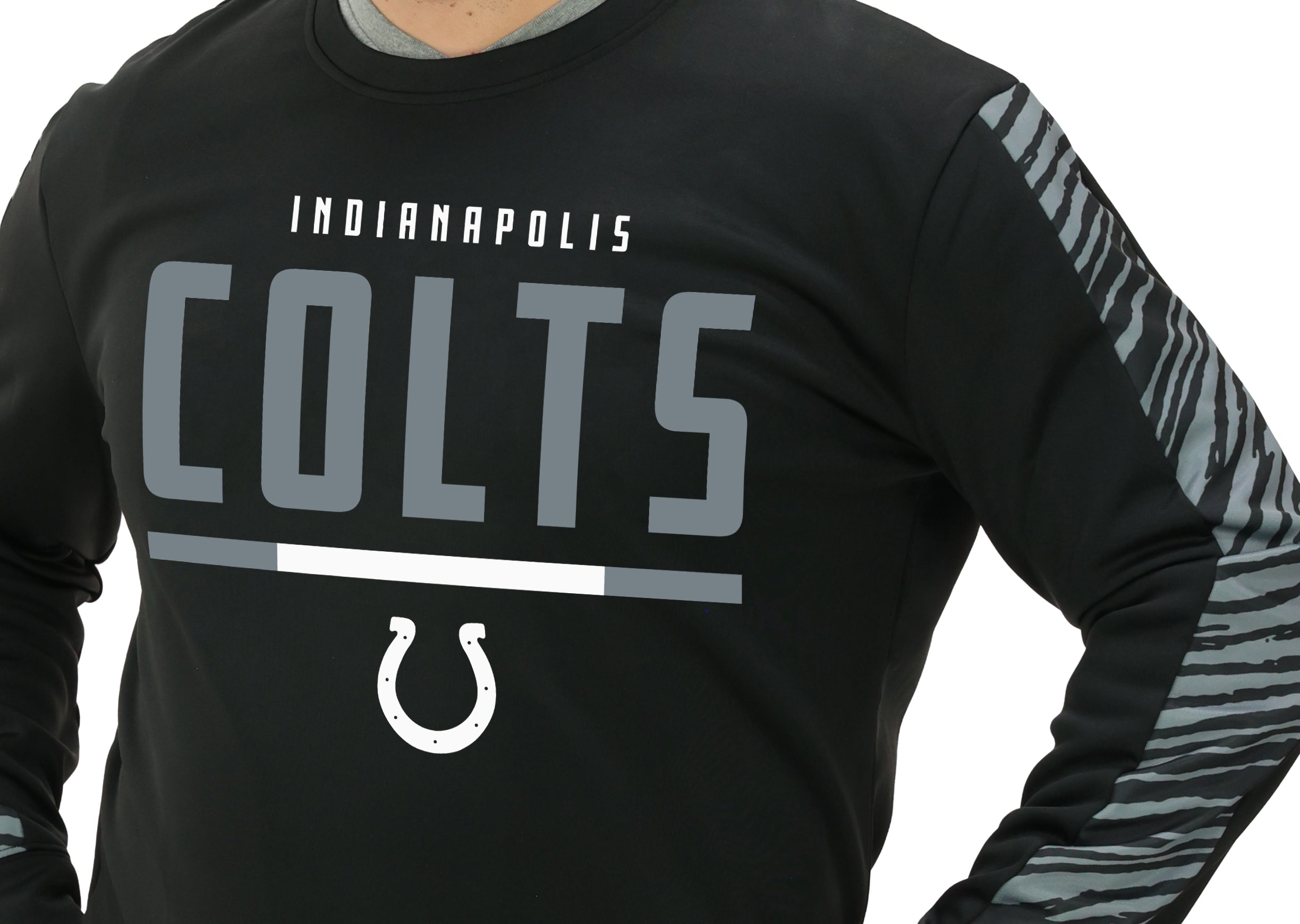 Zubaz NFL   Men's Linebacker 2 Color Zebra Long Sleeve Panel Crewneck Sweatshirt, INDIANAPOLIS COLTS