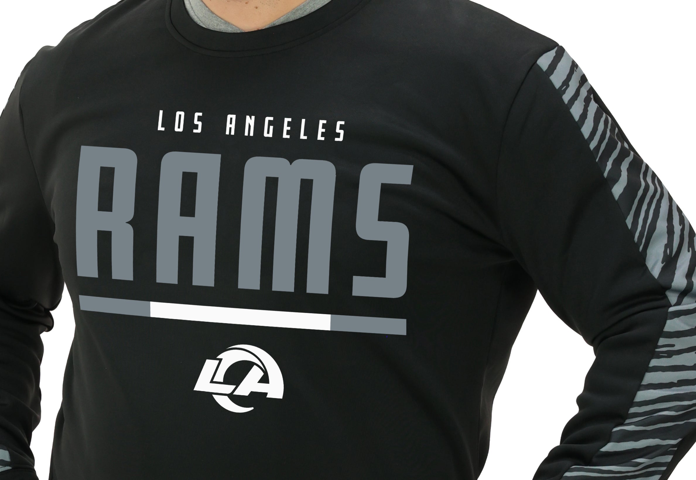 Zubaz NFL   Men's Linebacker 2 Color Zebra Long Sleeve Panel Crewneck Sweatshirt, LOS ANGELES RAMS