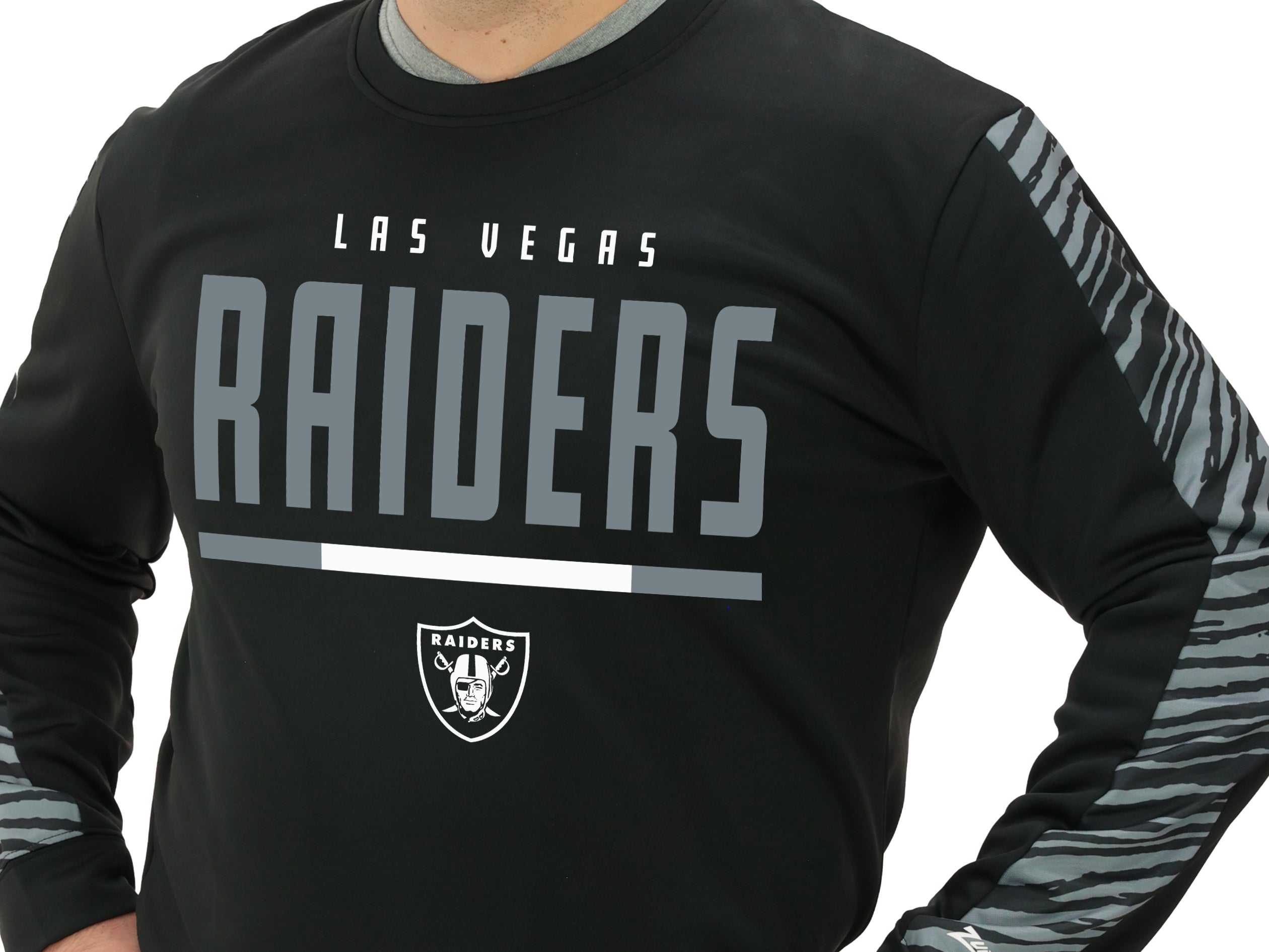 Zubaz NFL   Men's Linebacker 2 Color Zebra Long Sleeve Panel Crewneck Sweatshirt, LAS VEGAS RAIDERS