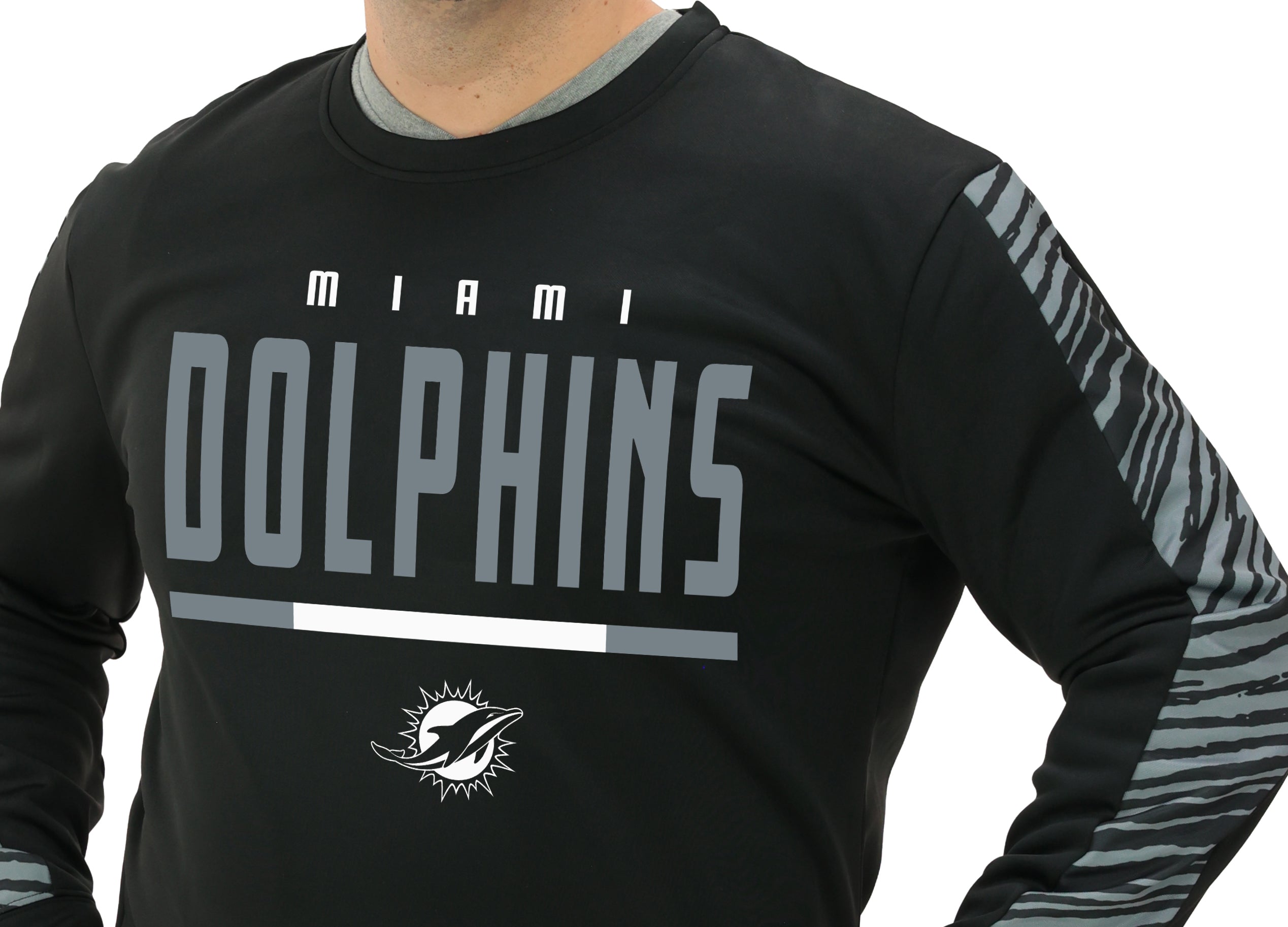 Zubaz NFL   Men's Linebacker 2 Color Zebra Long Sleeve Panel Crewneck Sweatshirt, MIAMI DOLPHINS