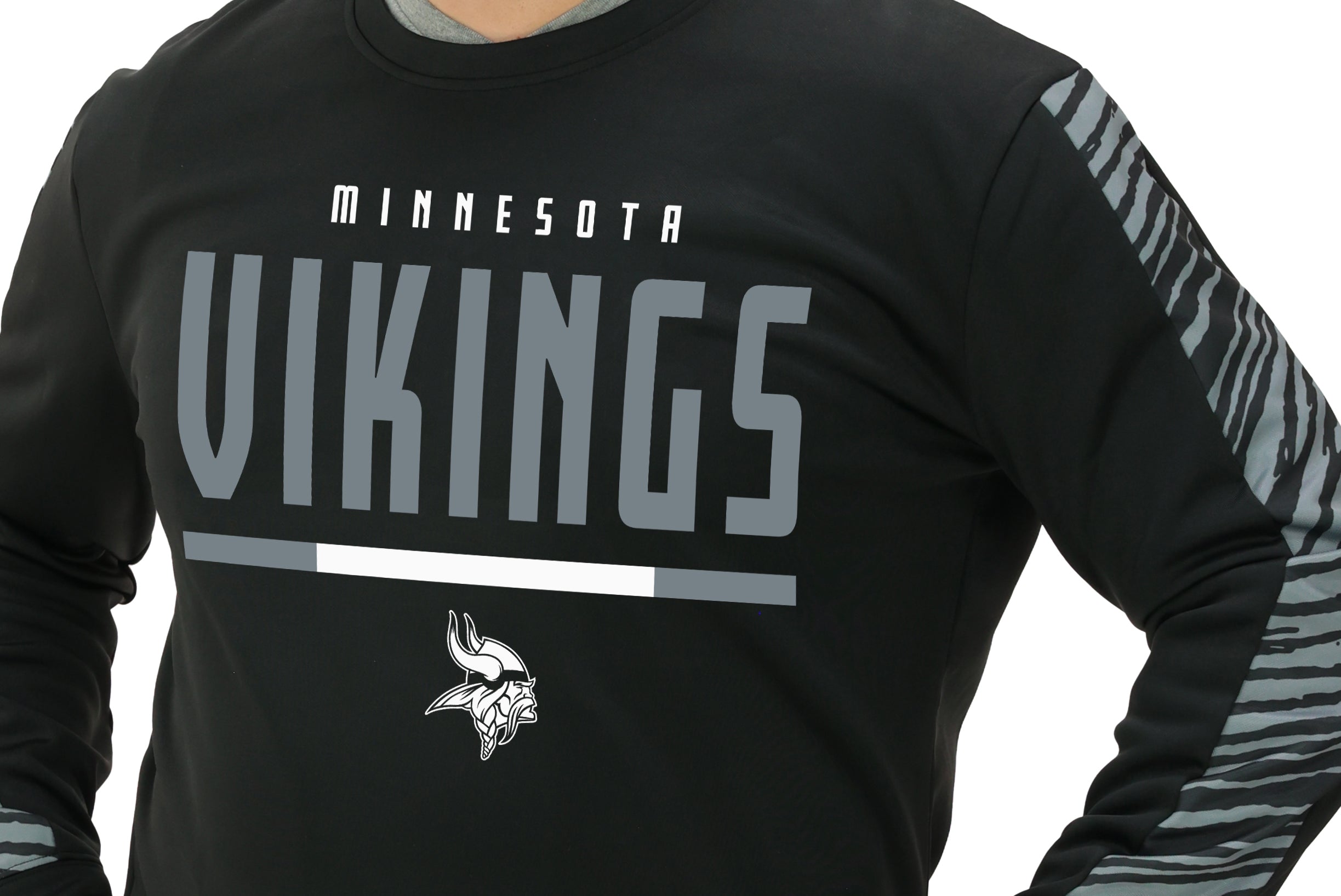 Zubaz NFL   Men's Linebacker 2 Color Zebra Long Sleeve Panel Crewneck Sweatshirt, MINNESOTA VIKINGS