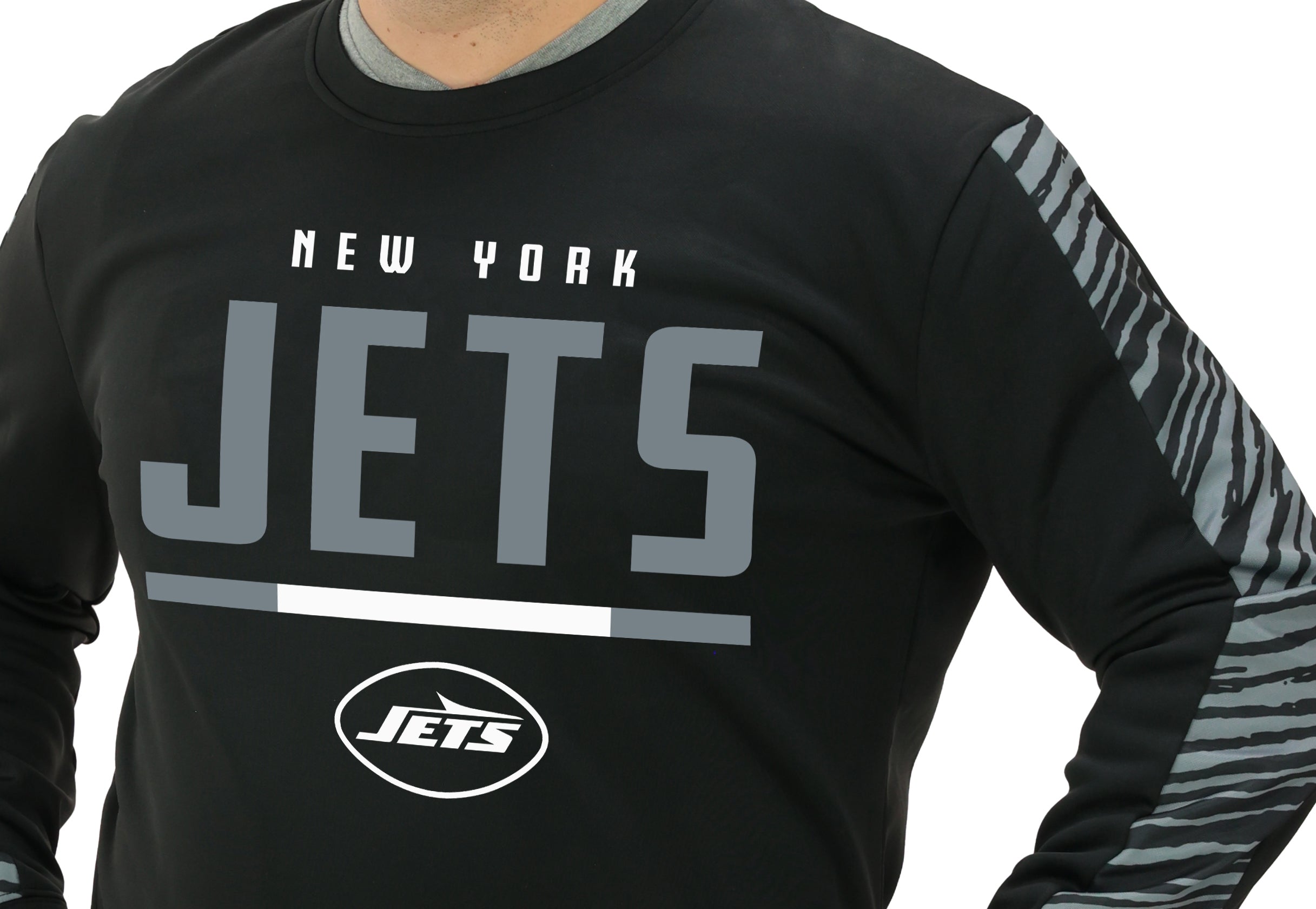 Zubaz NFL   Men's Linebacker 2 Color Zebra Long Sleeve Panel Crewneck Sweatshirt, NEW YORK JETS