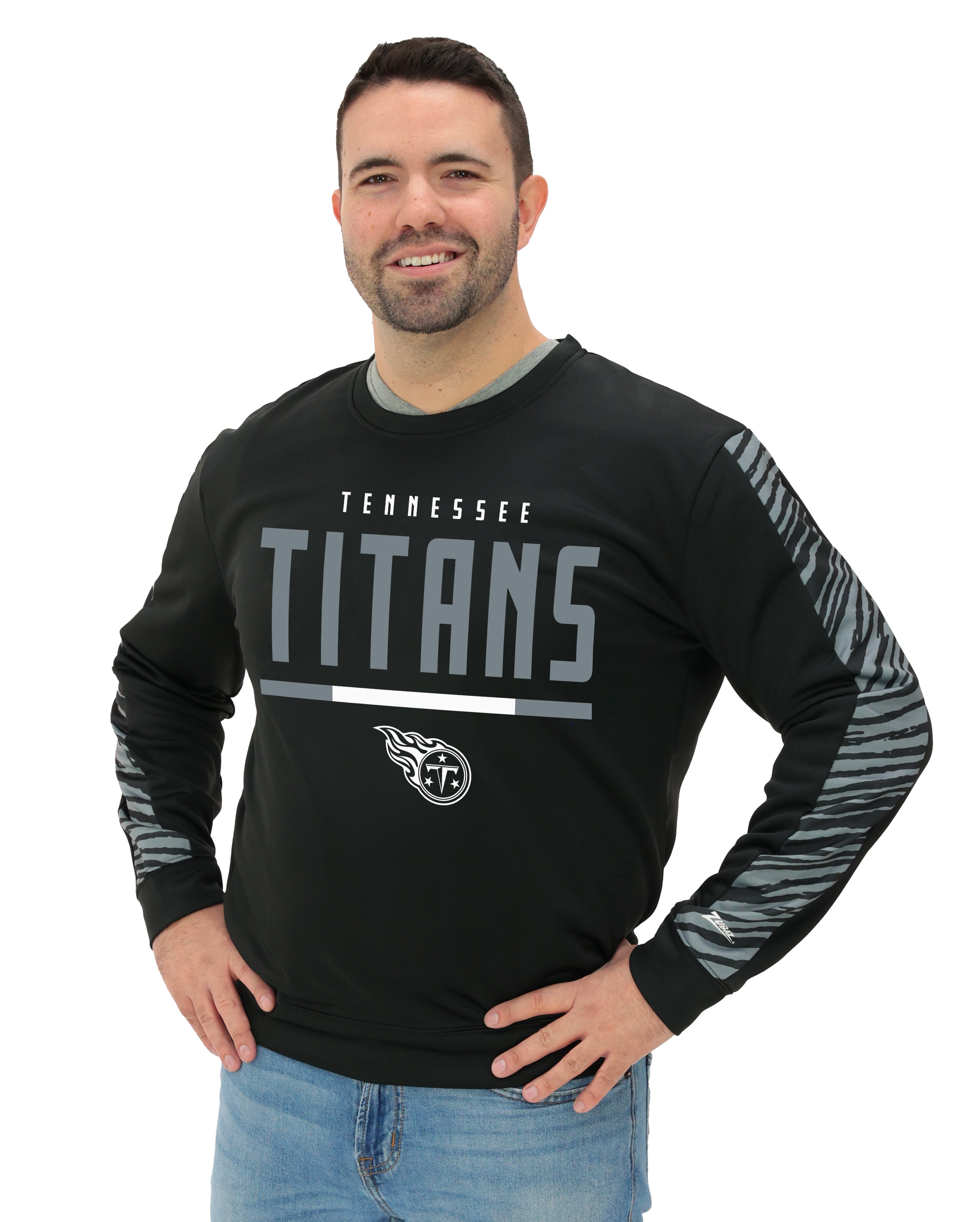 Zubaz NFL   Men's Linebacker 2 Color Zebra Long Sleeve Panel Crewneck Sweatshirt, TENNESSEE TITANS
