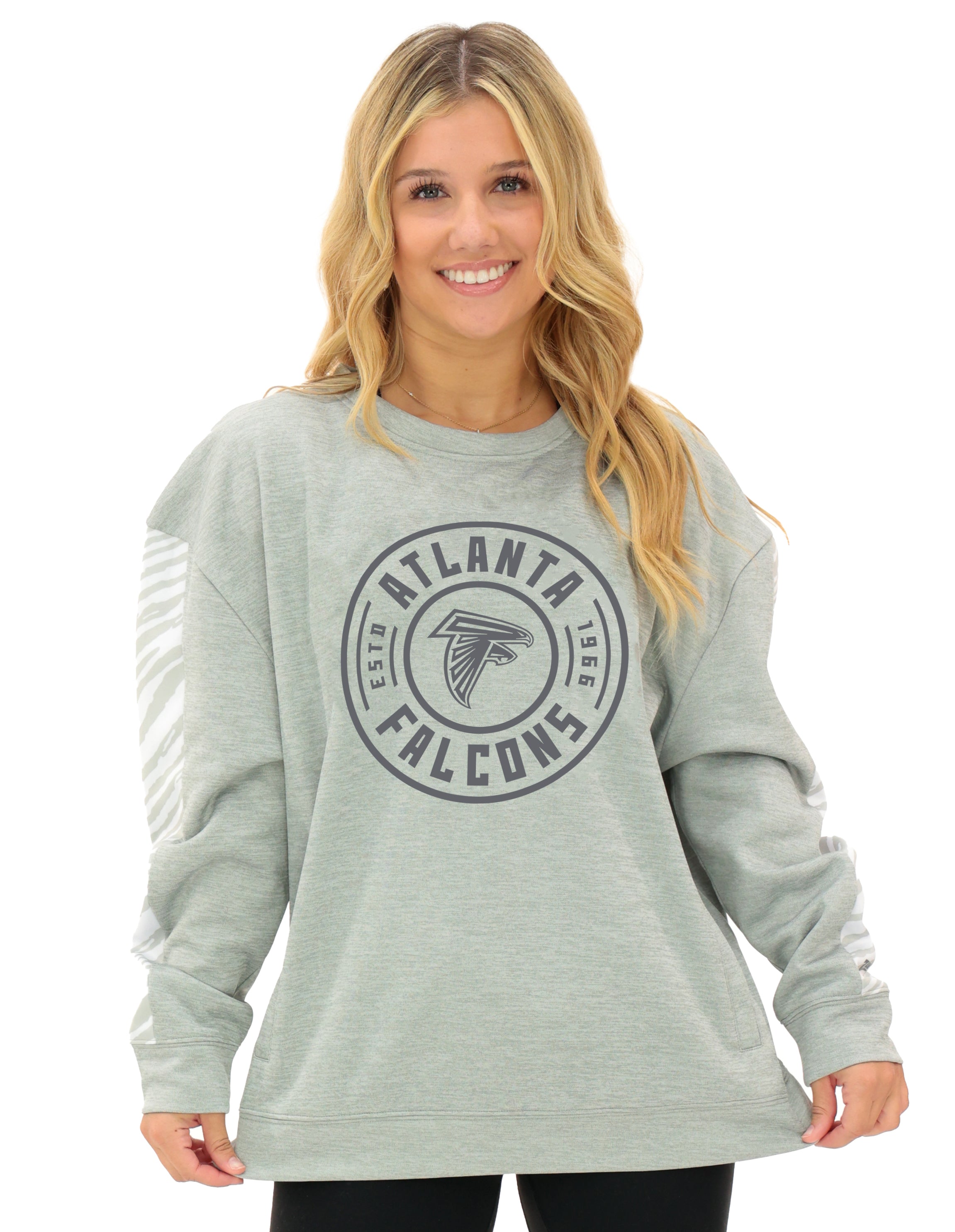 Zubaz NFL   Women's Offense 2 Color Tonal Zebra Arm Panels Crewneck with Pockets, ATLANTA FALCONS