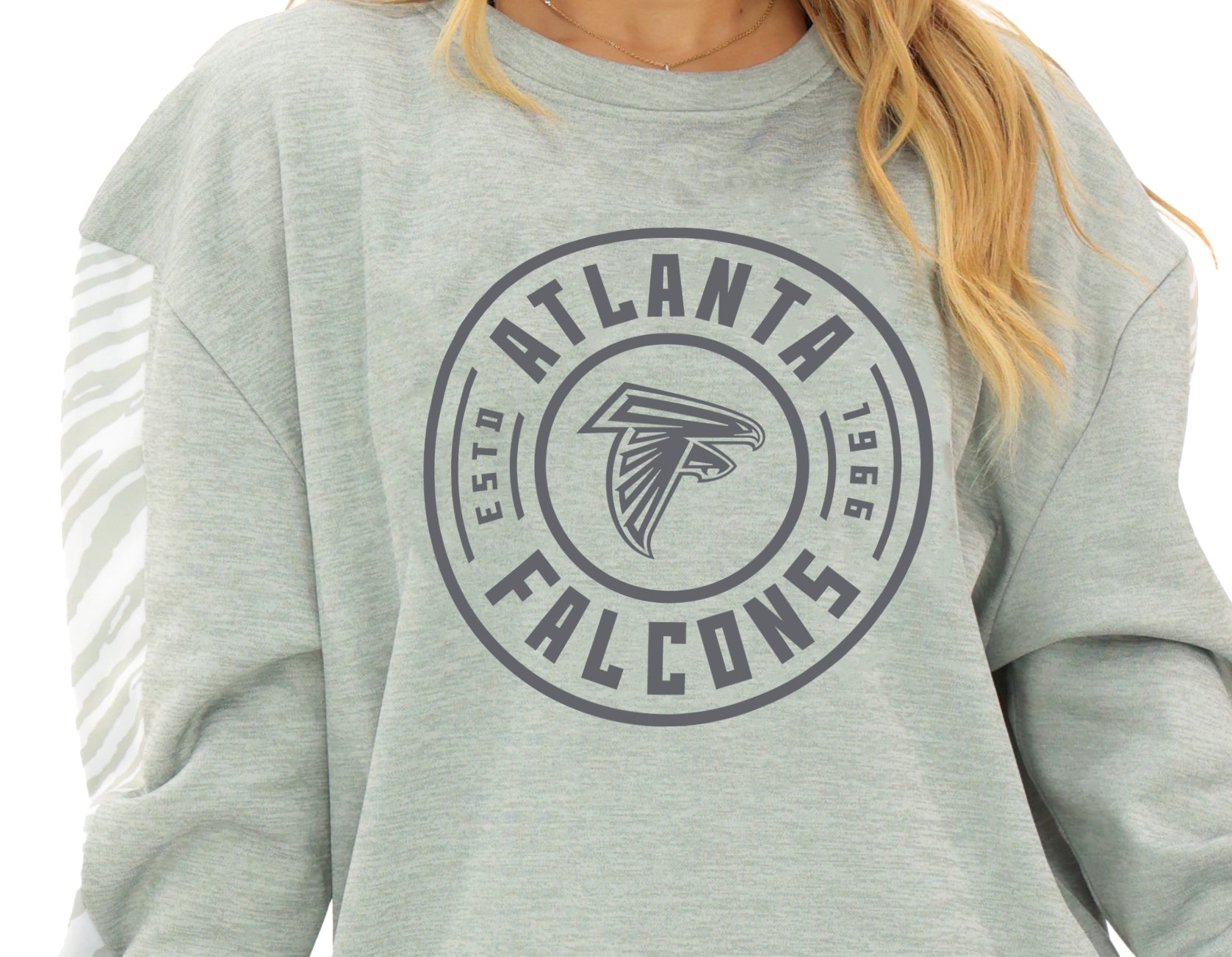 Zubaz NFL   Women's Offense 2 Color Tonal Zebra Arm Panels Crewneck with Pockets, ATLANTA FALCONS