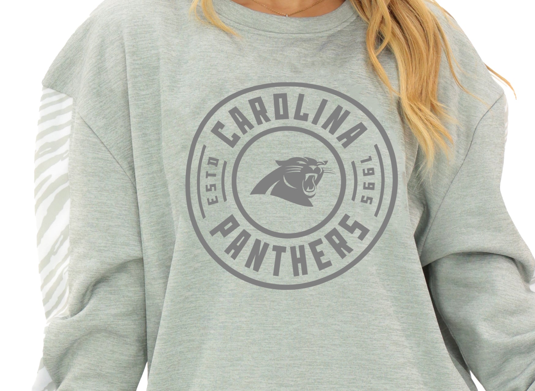 Zubaz NFL   Women's Offense 2 Color Tonal Zebra Arm Panels Crewneck with Pockets, CAROLINA PANTHERS