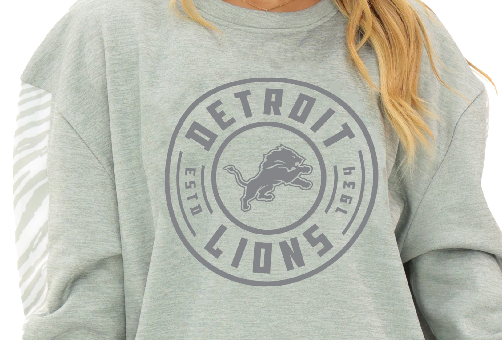 Zubaz NFL   Women's Offense 2 Color Tonal Zebra Arm Panels Crewneck with Pockets, DETROIT LIONS