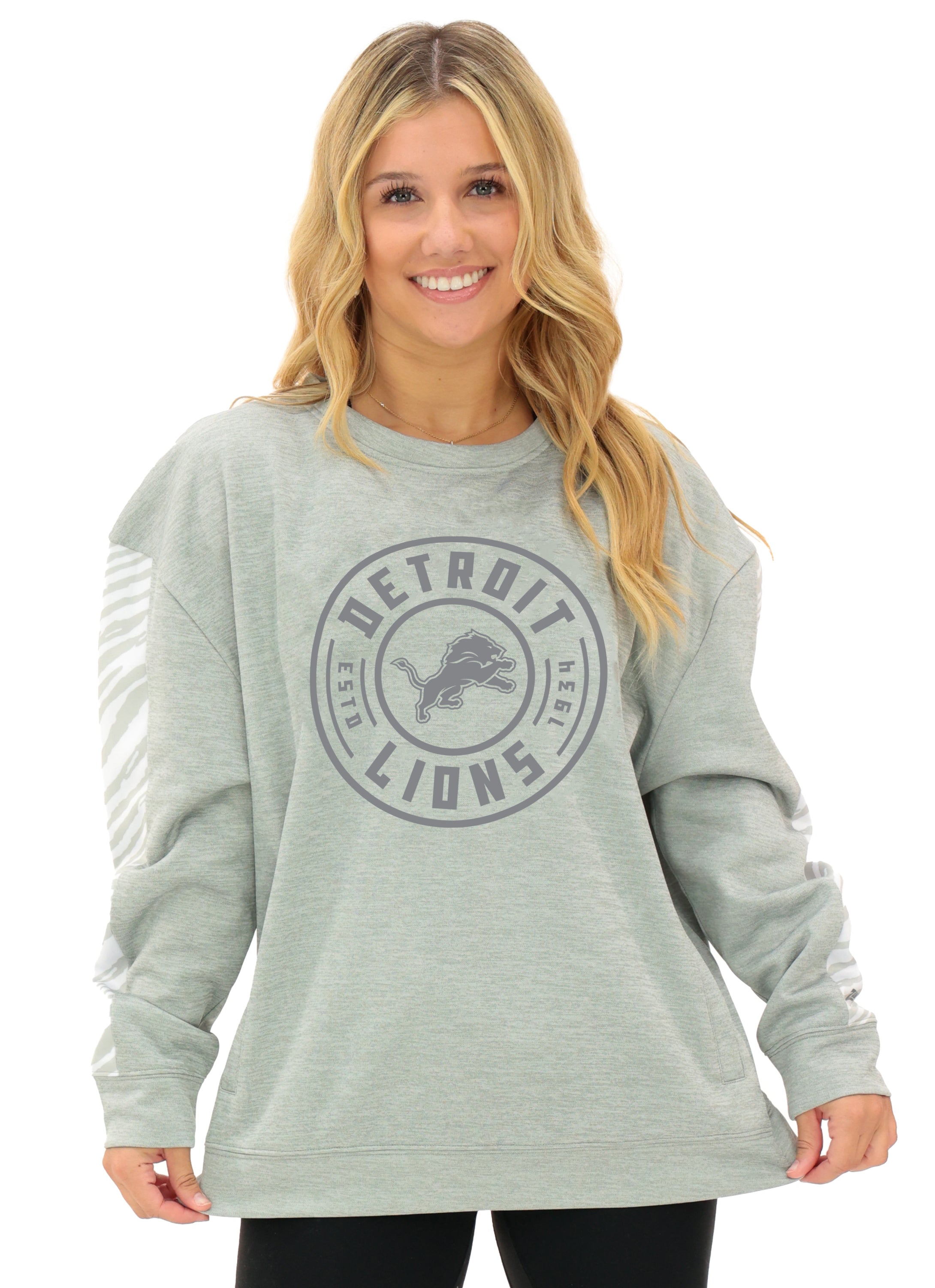 Zubaz NFL   Women's Offense 2 Color Tonal Zebra Arm Panels Crewneck with Pockets, DETROIT LIONS