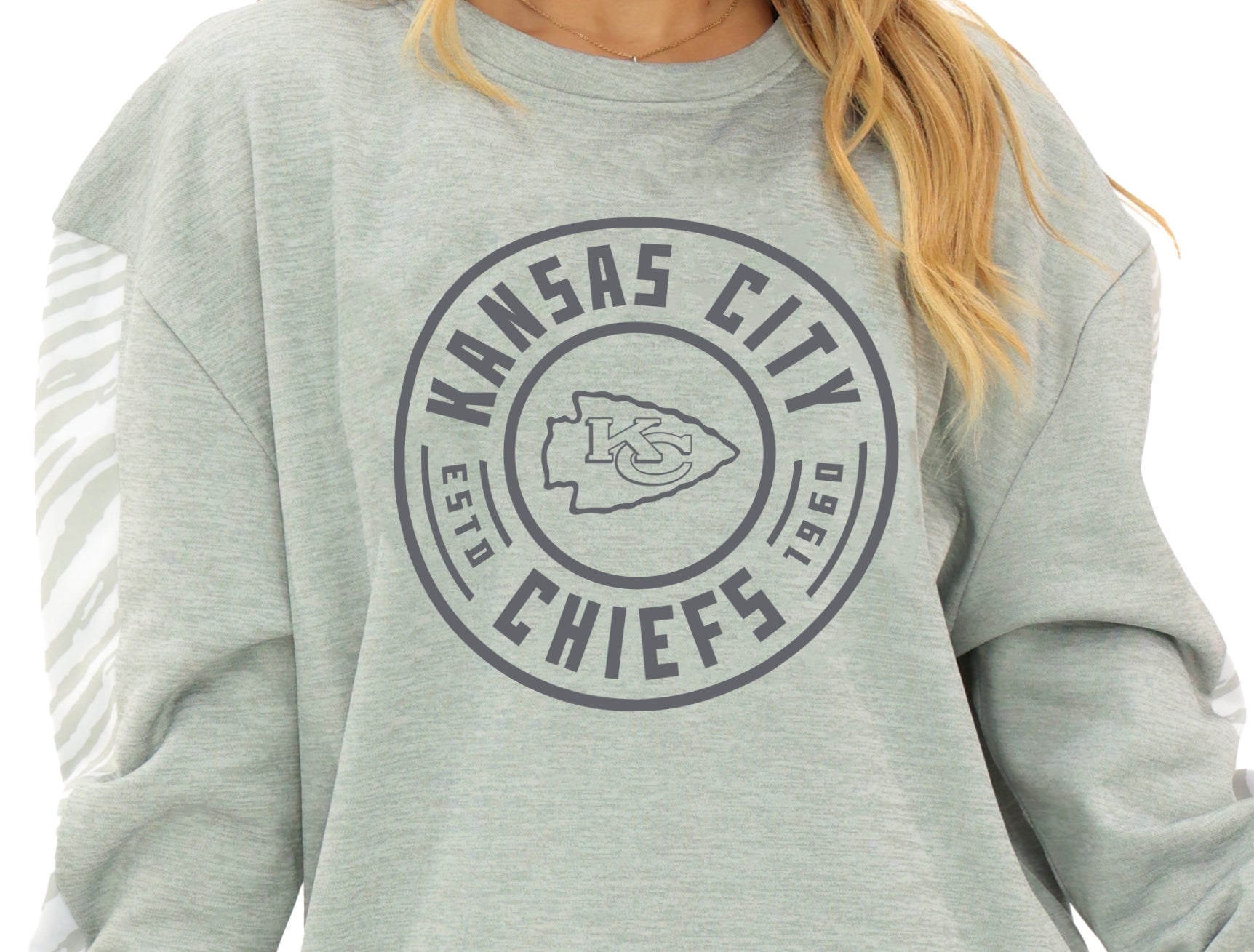 Zubaz NFL   Women's Offense 2 Color Tonal Zebra Arm Panels Crewneck with Pockets, KANSAS CITY CHIEFS