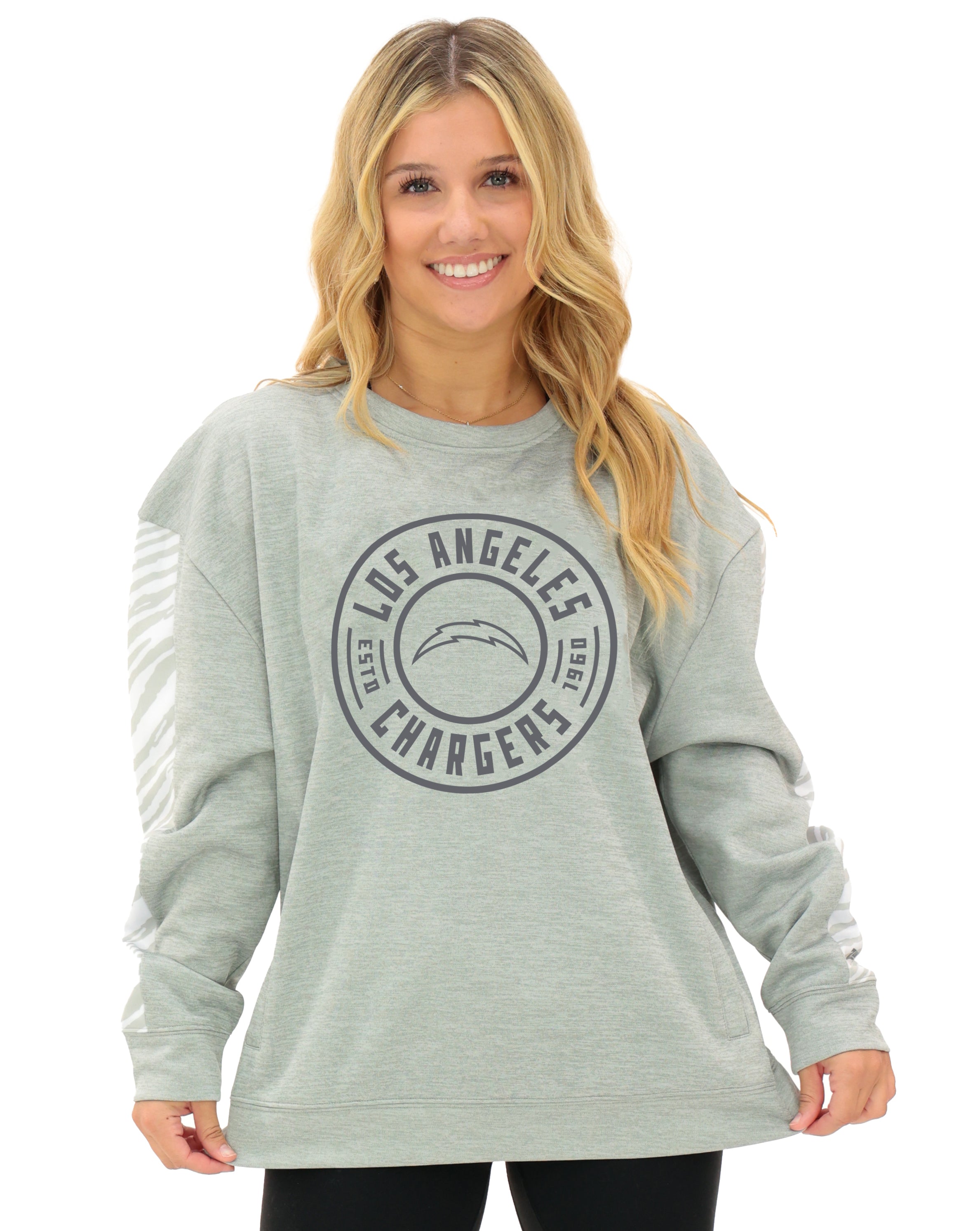 Zubaz NFL   Women's Offense 2 Color Tonal Zebra Arm Panels Crewneck with Pockets, LOS ANGELES CHARGERS