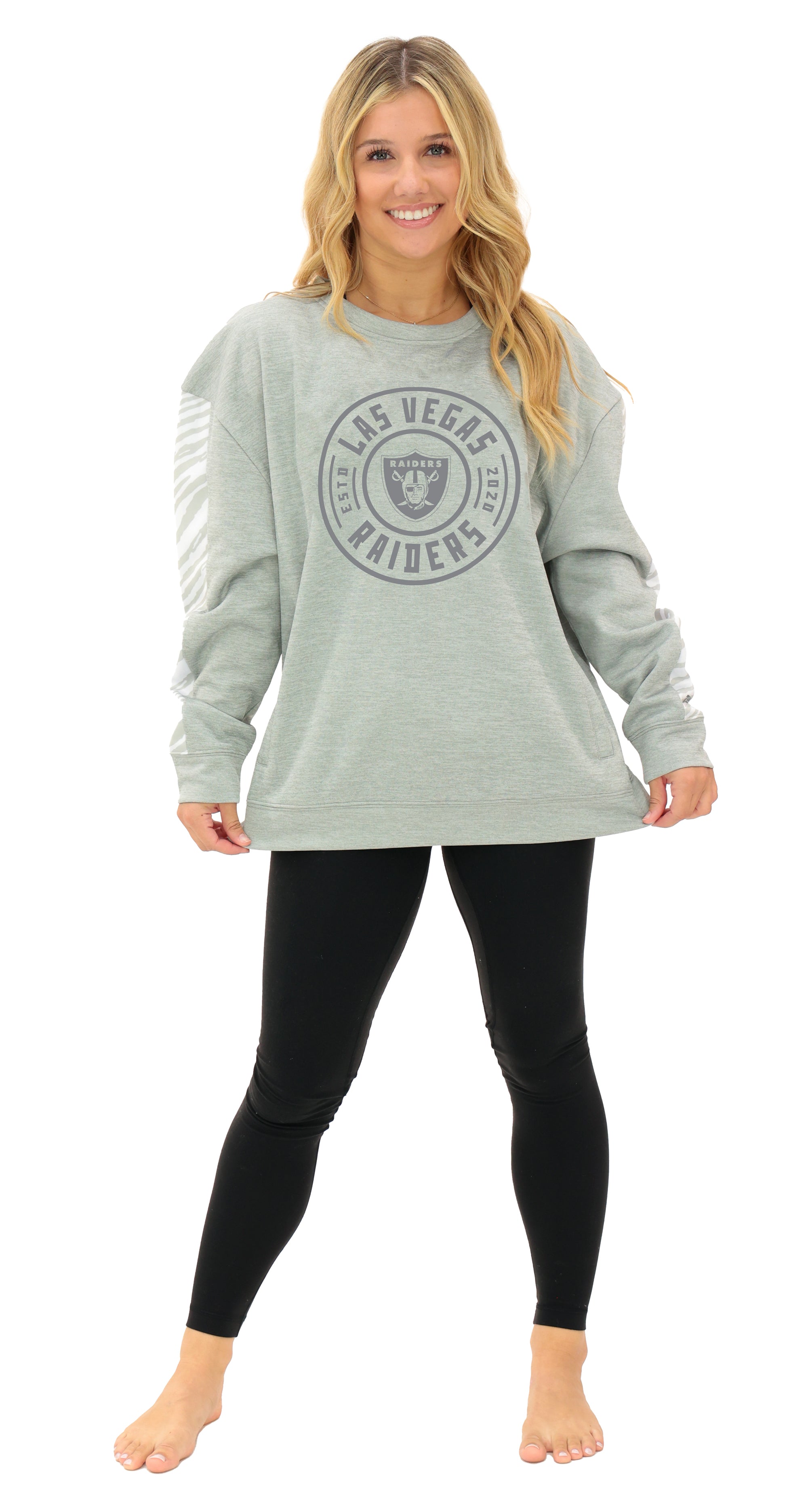 Zubaz NFL   Women's Offense 2 Color Tonal Zebra Arm Panels Crewneck with Pockets, LAS VEGAS RAIDERS