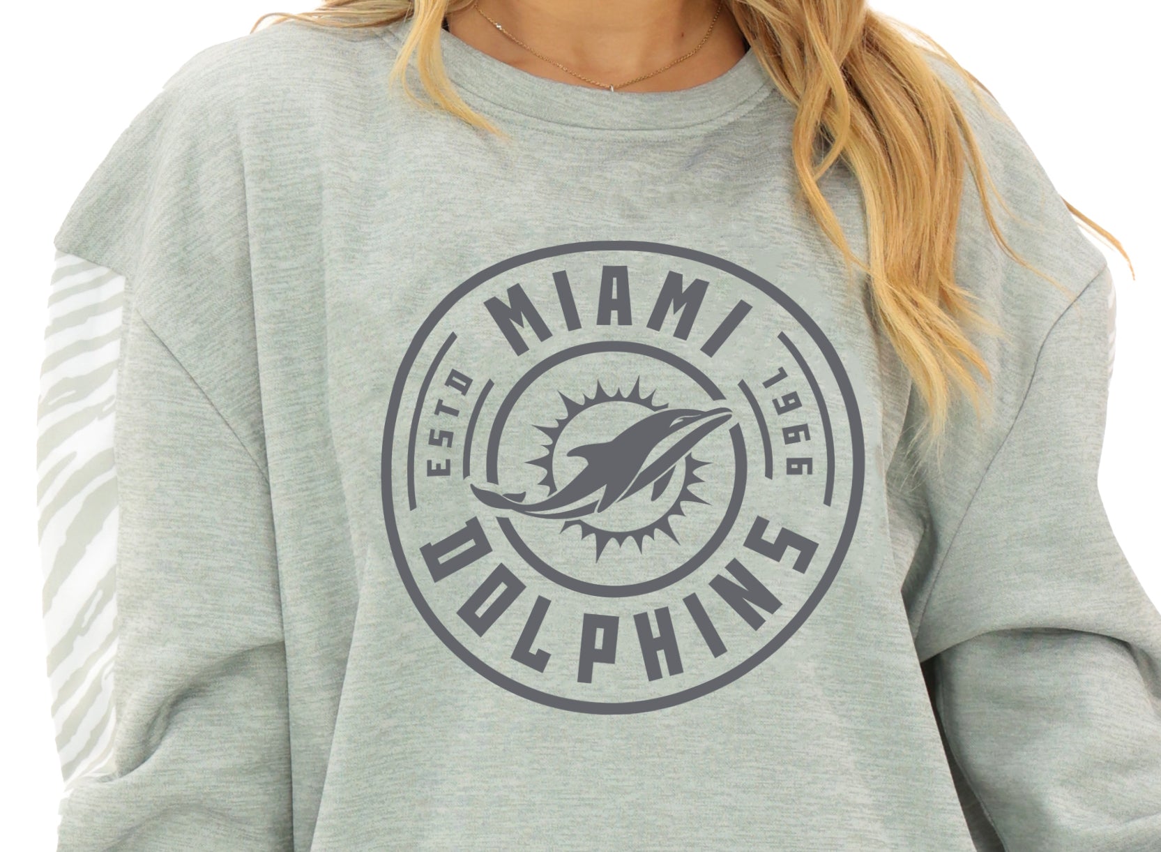 Zubaz NFL   Women's Offense 2 Color Tonal Zebra Arm Panels Crewneck with Pockets, MIAMI DOLPHINS
