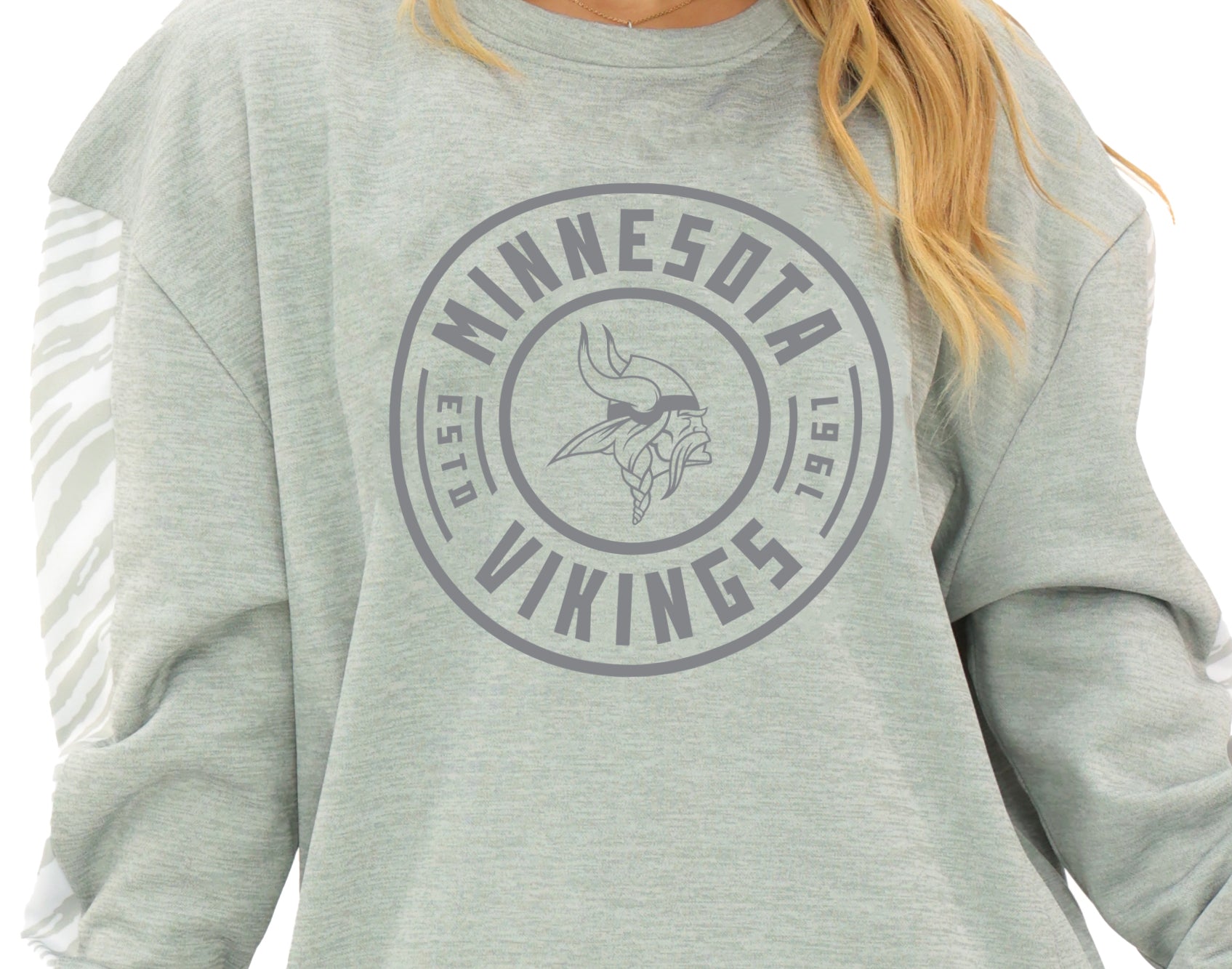 Zubaz NFL   Women's Offense 2 Color Tonal Zebra Arm Panels Crewneck with Pockets, MINNESOTA VIKINGS