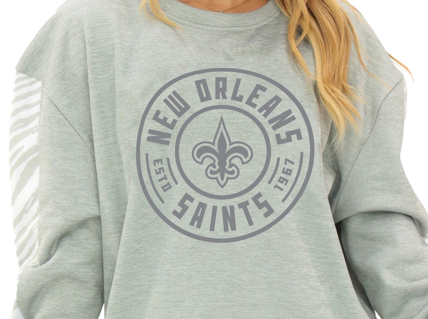Zubaz NFL   Women's Offense 2 Color Tonal Zebra Arm Panels Crewneck with Pockets, NEW ORLEANS SAINTS