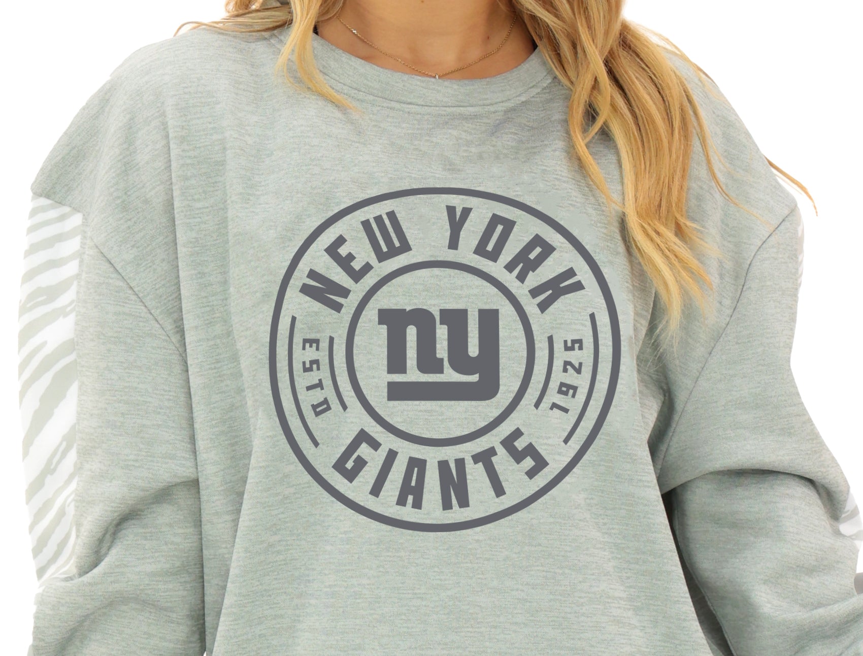 Zubaz NFL   Women's Offense 2 Color Tonal Zebra Arm Panels Crewneck with Pockets, NEW YORK GIANTS