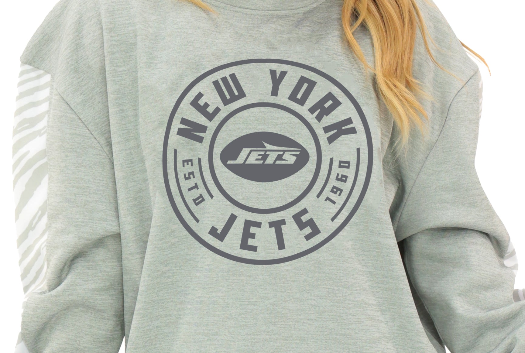 Zubaz NFL   Women's Offense 2 Color Tonal Zebra Arm Panels Crewneck with Pockets, NEW YORK JETS