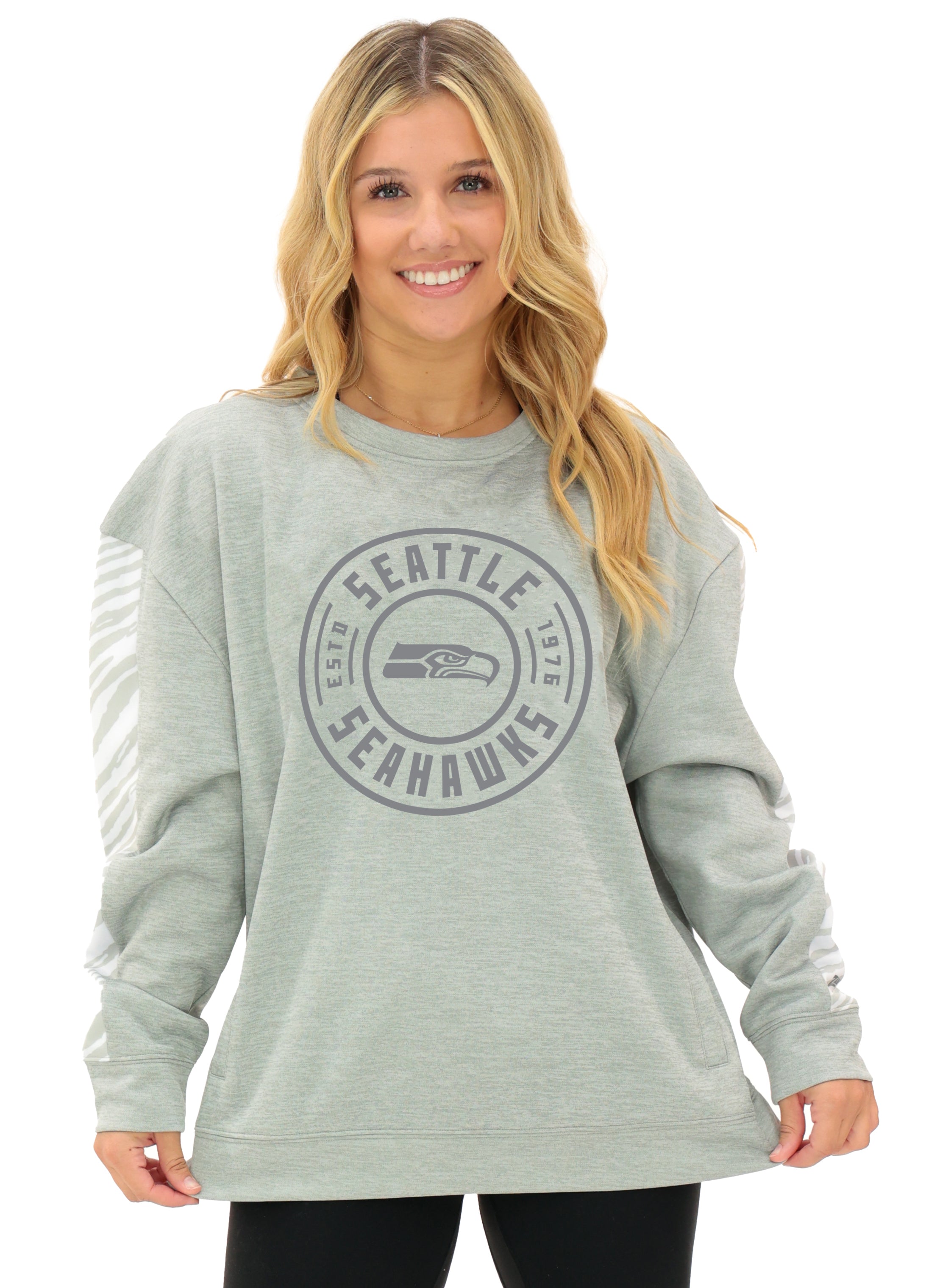 Zubaz NFL   Women's Offense 2 Color Tonal Zebra Arm Panels Crewneck with Pockets, SEATTLE SEAHAWKS