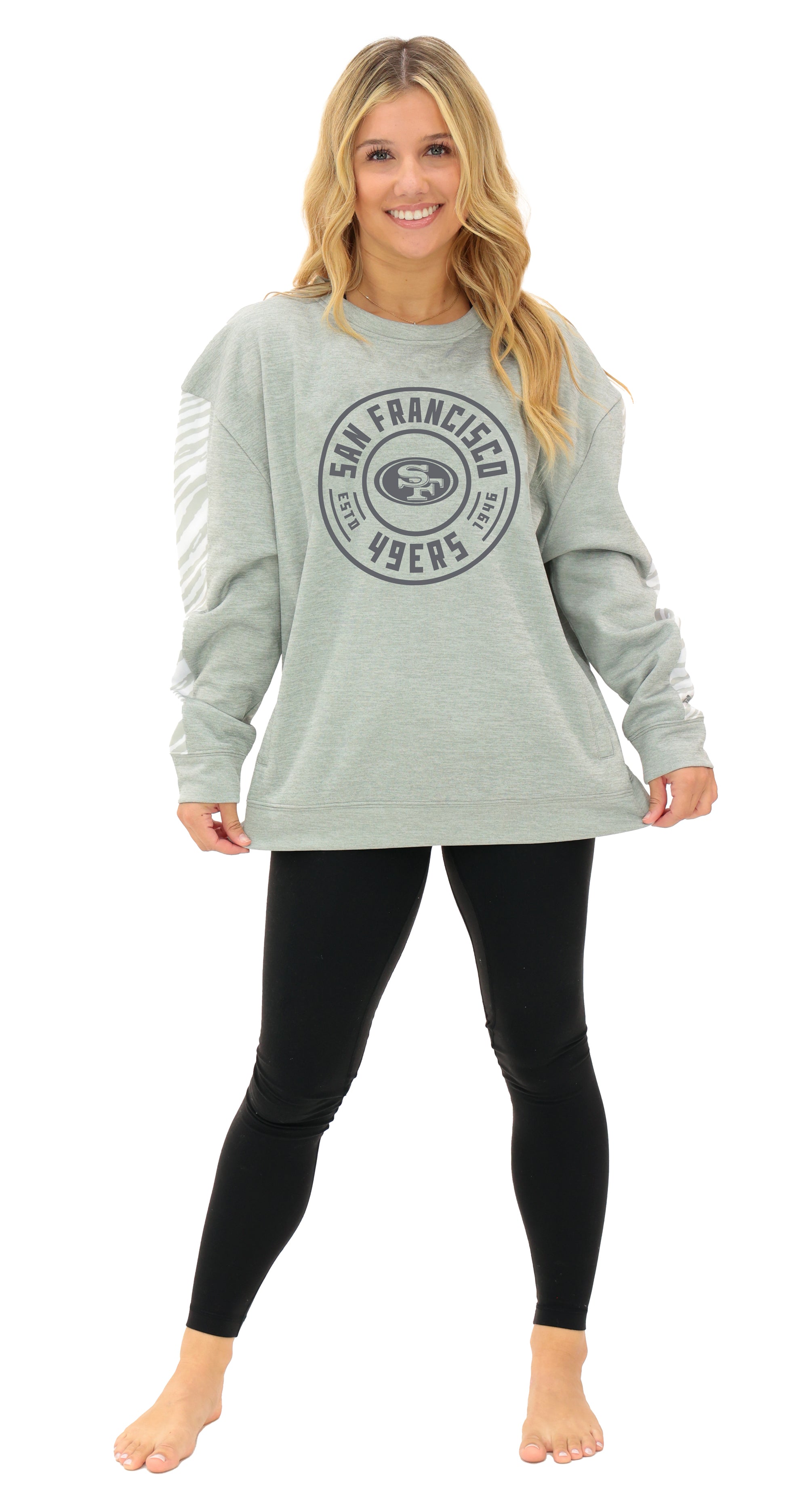 Zubaz NFL   Women's Offense 2 Color Tonal Zebra Arm Panels Crewneck with Pockets, SAN FRANCISCO 49ERS
