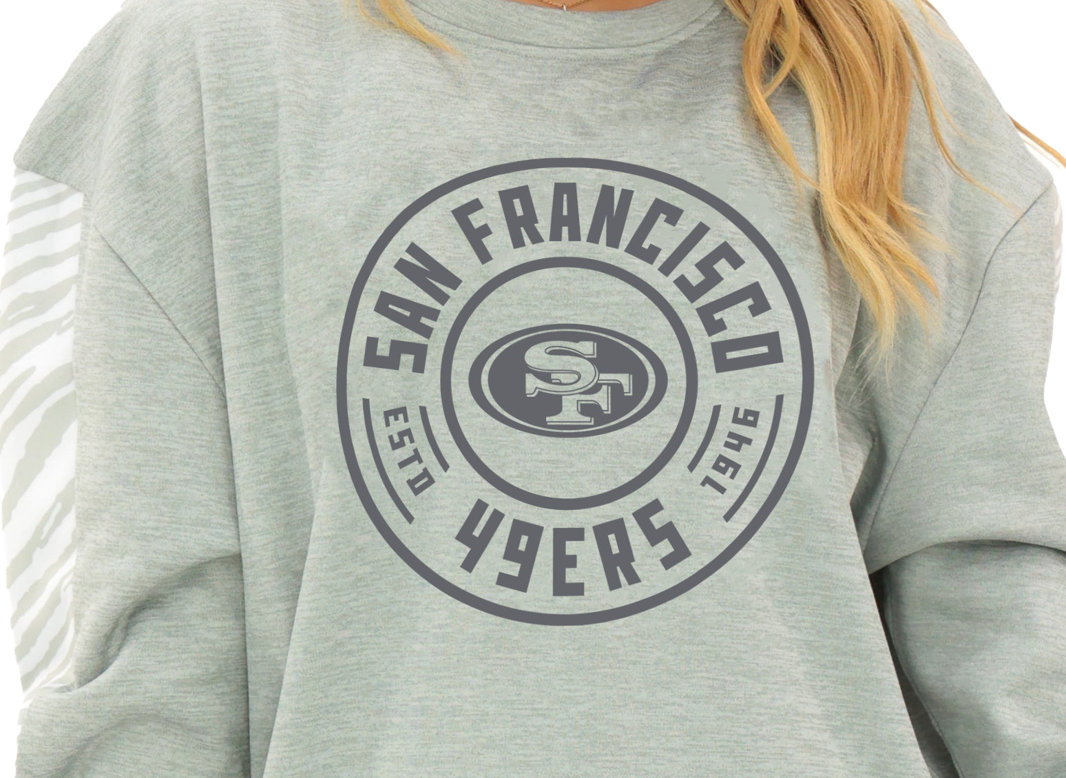 Zubaz NFL   Women's Offense 2 Color Tonal Zebra Arm Panels Crewneck with Pockets, SAN FRANCISCO 49ERS
