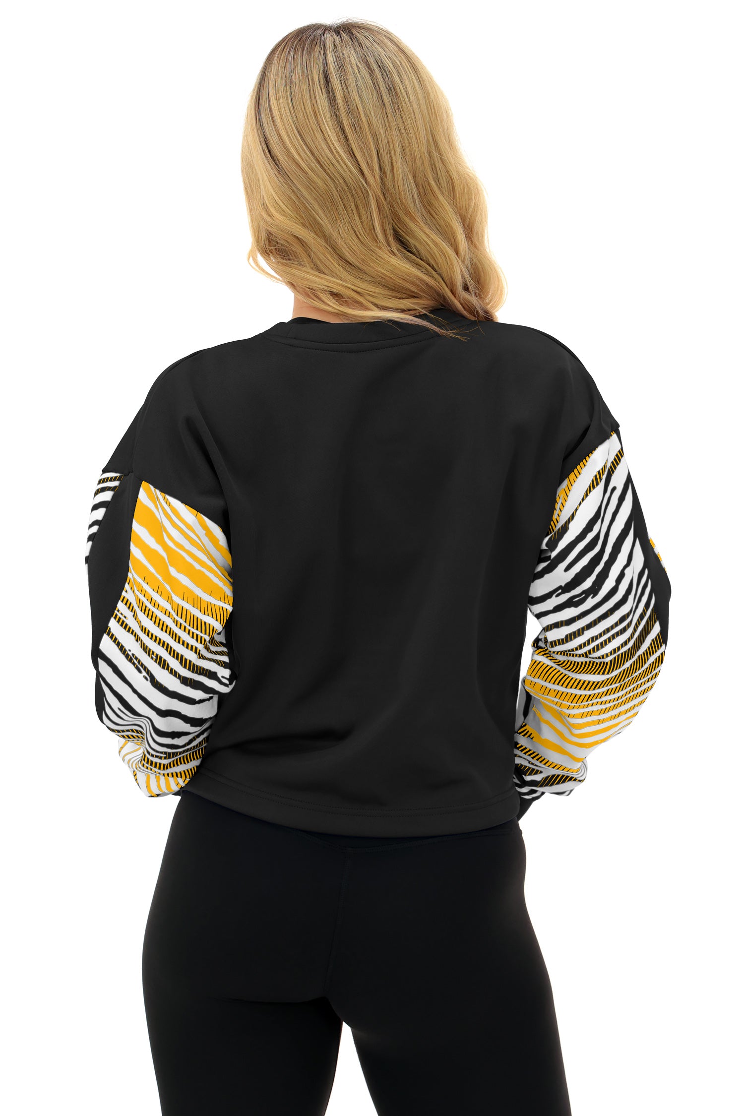 Zubaz NFL   Women's Classic Arch Crop Top with Zebra Ombre Sleeves, PITTSBURGH STEELERS
