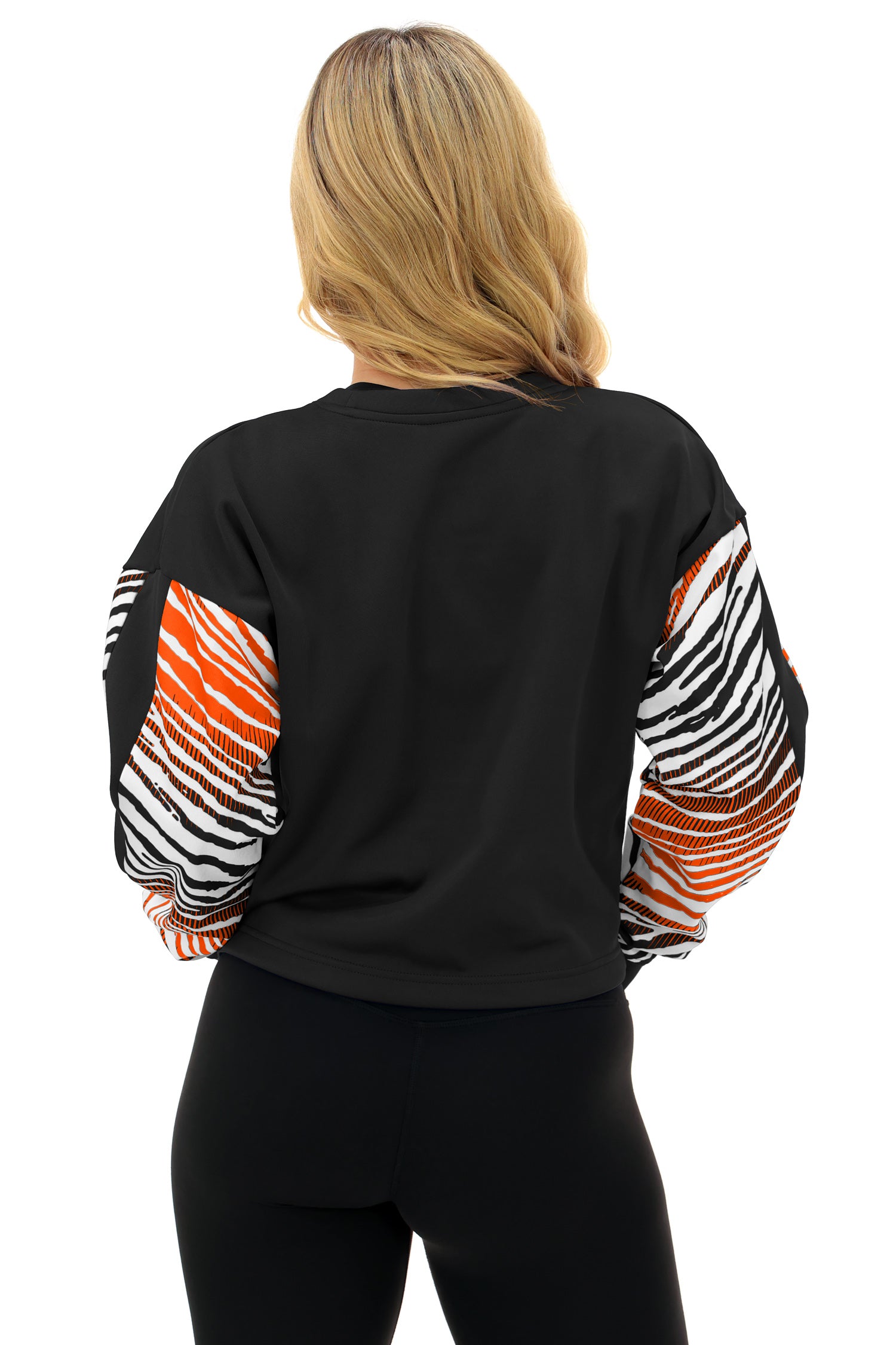 Zubaz NFL   Women's Classic Arch Crop Top with Zebra Ombre Sleeves, CINCINNATI BENGALS