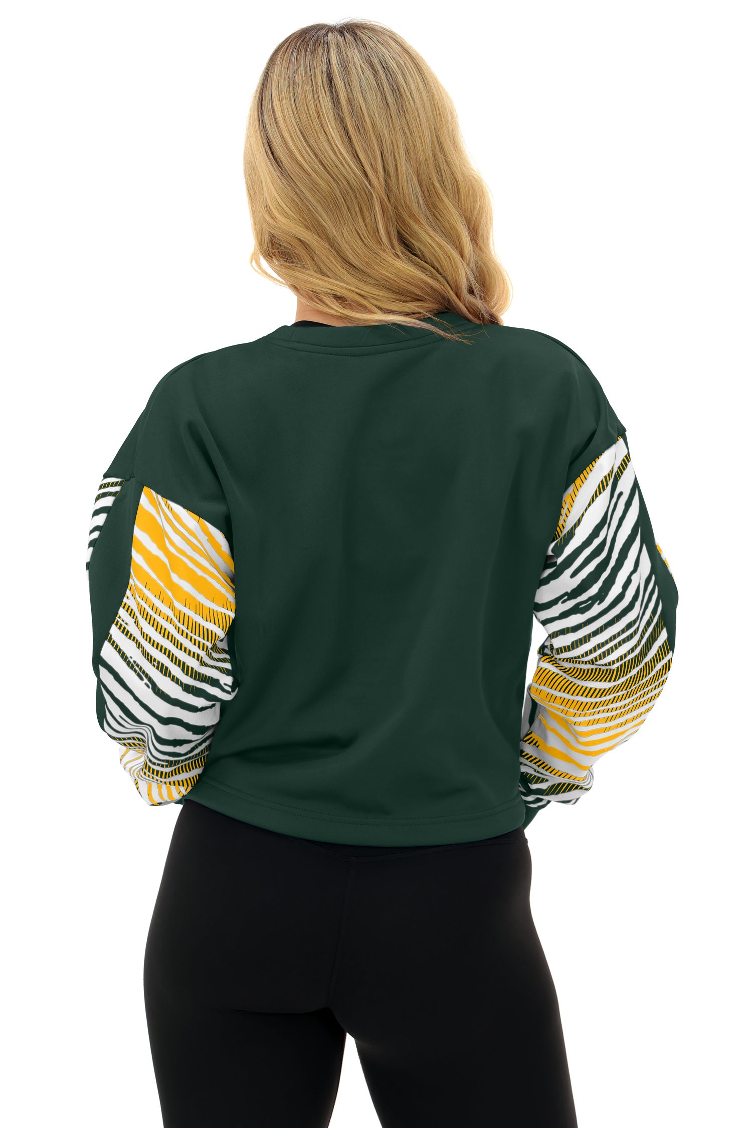 Zubaz NFL   Women's Classic Arch Crop Top with Zebra Ombre Sleeves, GREEN BAY PACKERS