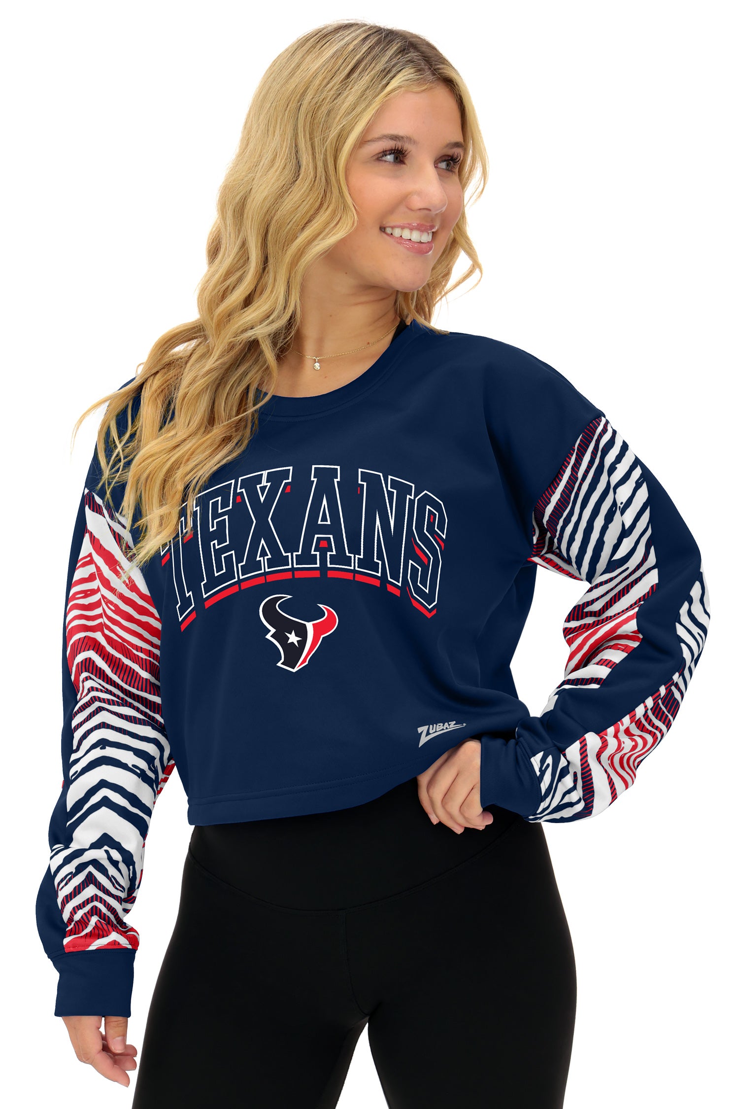 Zubaz NFL   Women's Classic Arch Crop Top with Zebra Ombre Sleeves, HOUSTON TEXANS