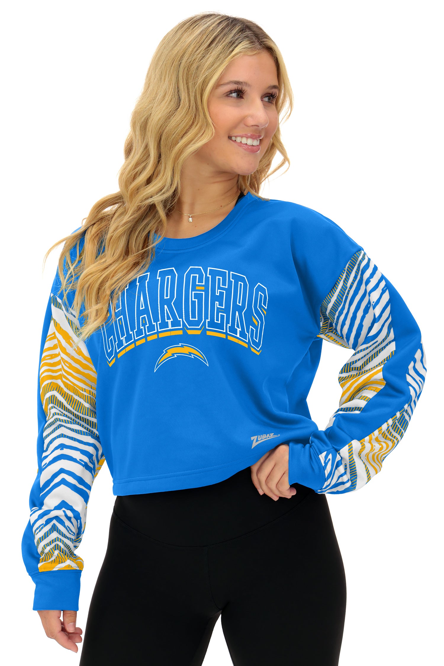 Zubaz NFL   Women's Classic Arch Crop Top with Zebra Ombre Sleeves, LOS ANGELES CHARGERS