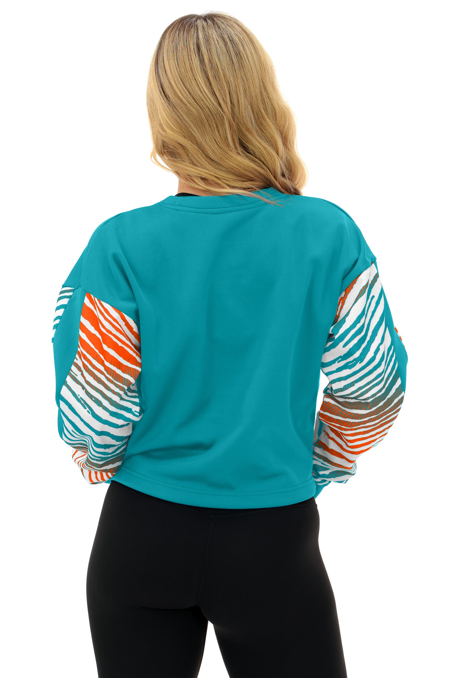 Zubaz NFL   Women's Classic Arch Crop Top with Zebra Ombre Sleeves, MIAMI DOLPHINS