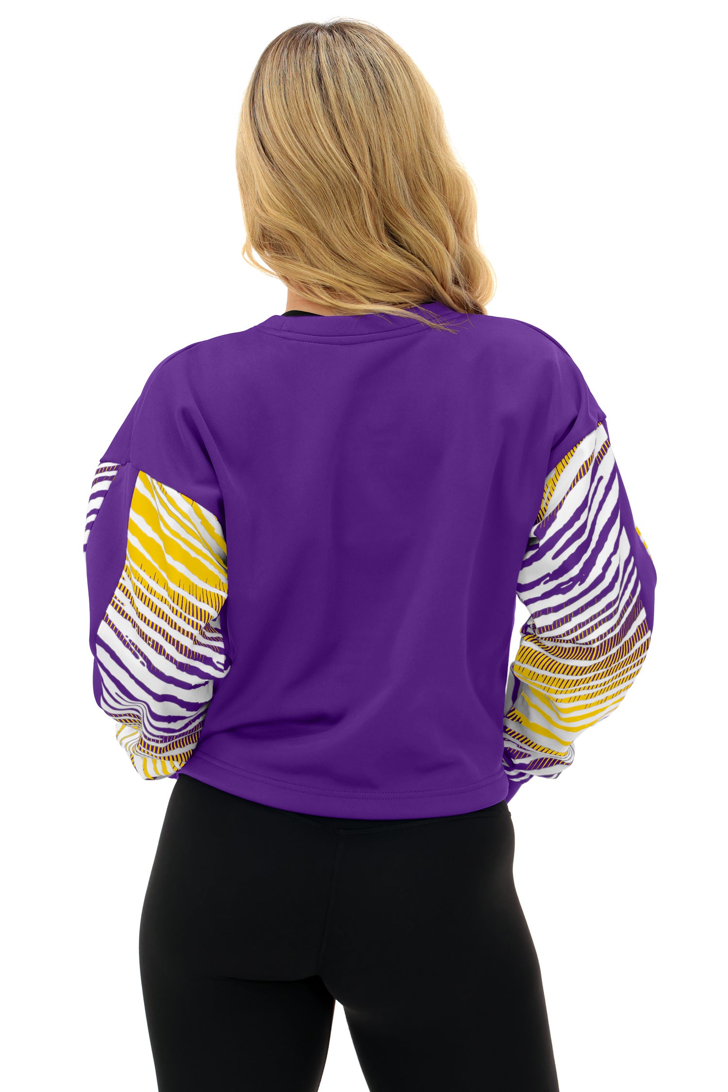 Zubaz NFL   Women's Classic Arch Crop Top with Zebra Ombre Sleeves, MINNESOTA VIKINGS