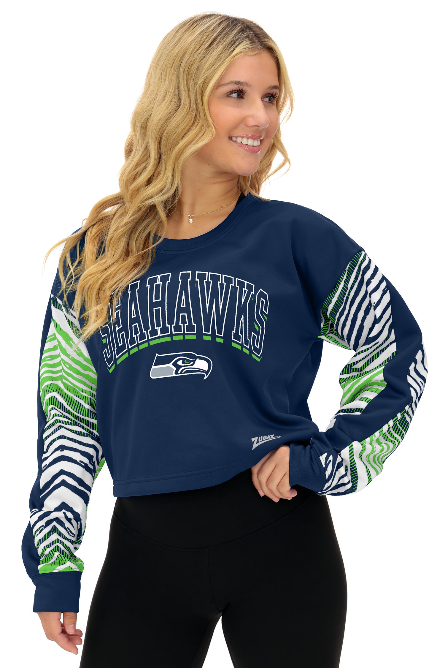 Zubaz NFL   Women's Classic Arch Crop Top with Zebra Ombre Sleeves, SEATTLE SEAHAWKS