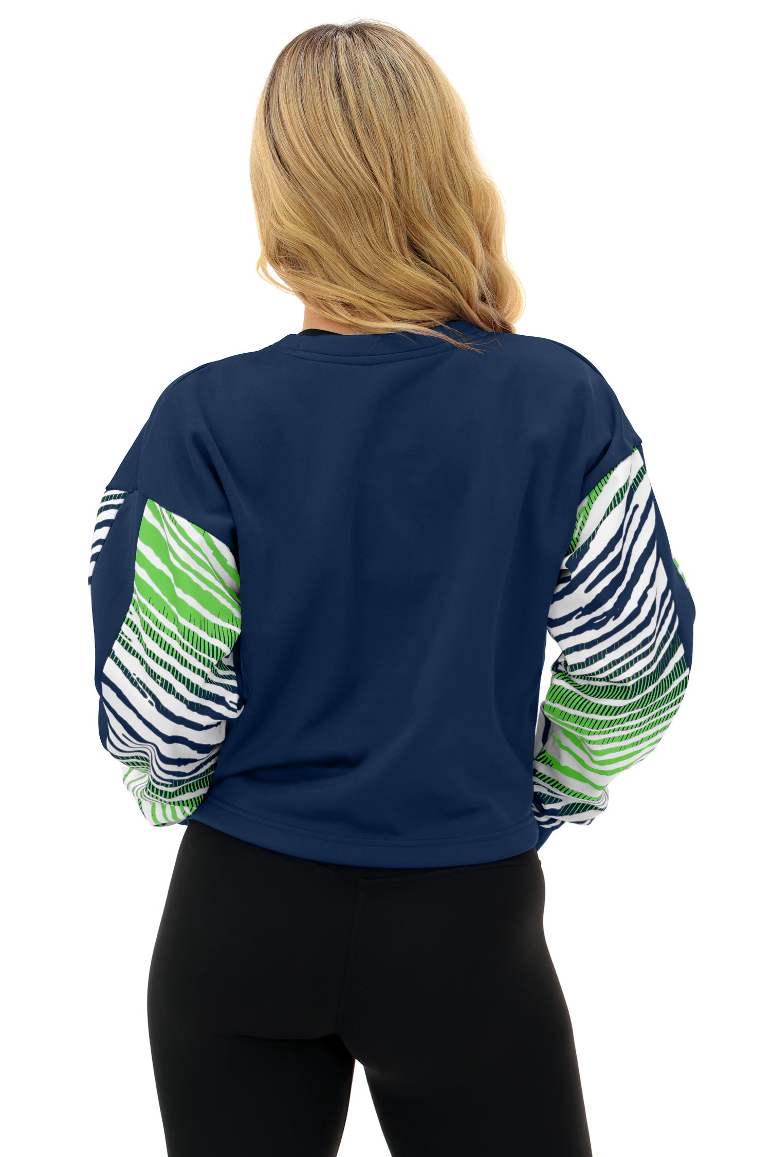 Zubaz NFL   Women's Classic Arch Crop Top with Zebra Ombre Sleeves, SEATTLE SEAHAWKS
