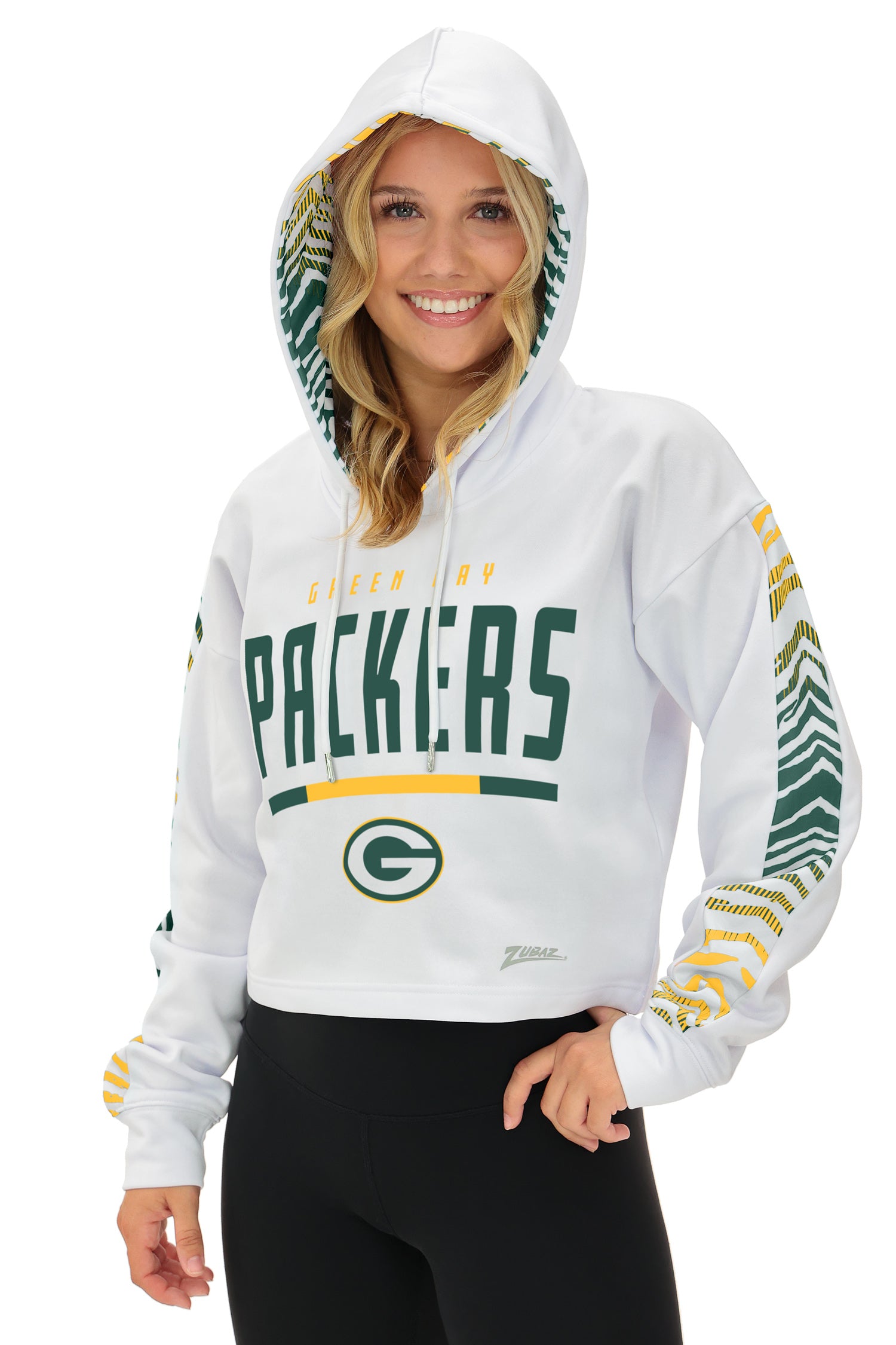 Zubaz NFL   Women's Linebacker Zebra Ombre Crop Top Hoodie, GREEN BAY PACKERS